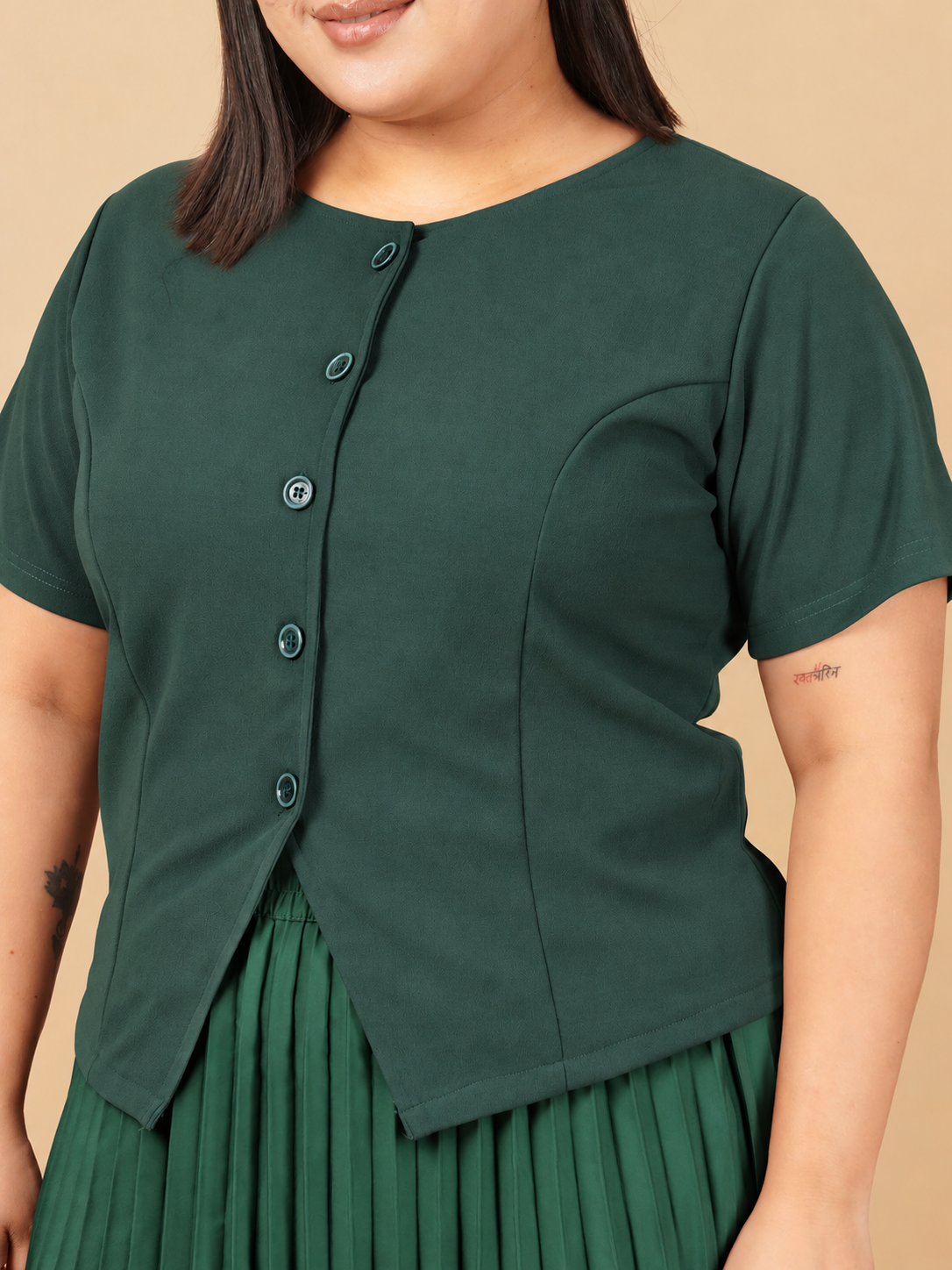 U&F Beyond Forest Green Plus Size Pleated Charm Co-ord Set