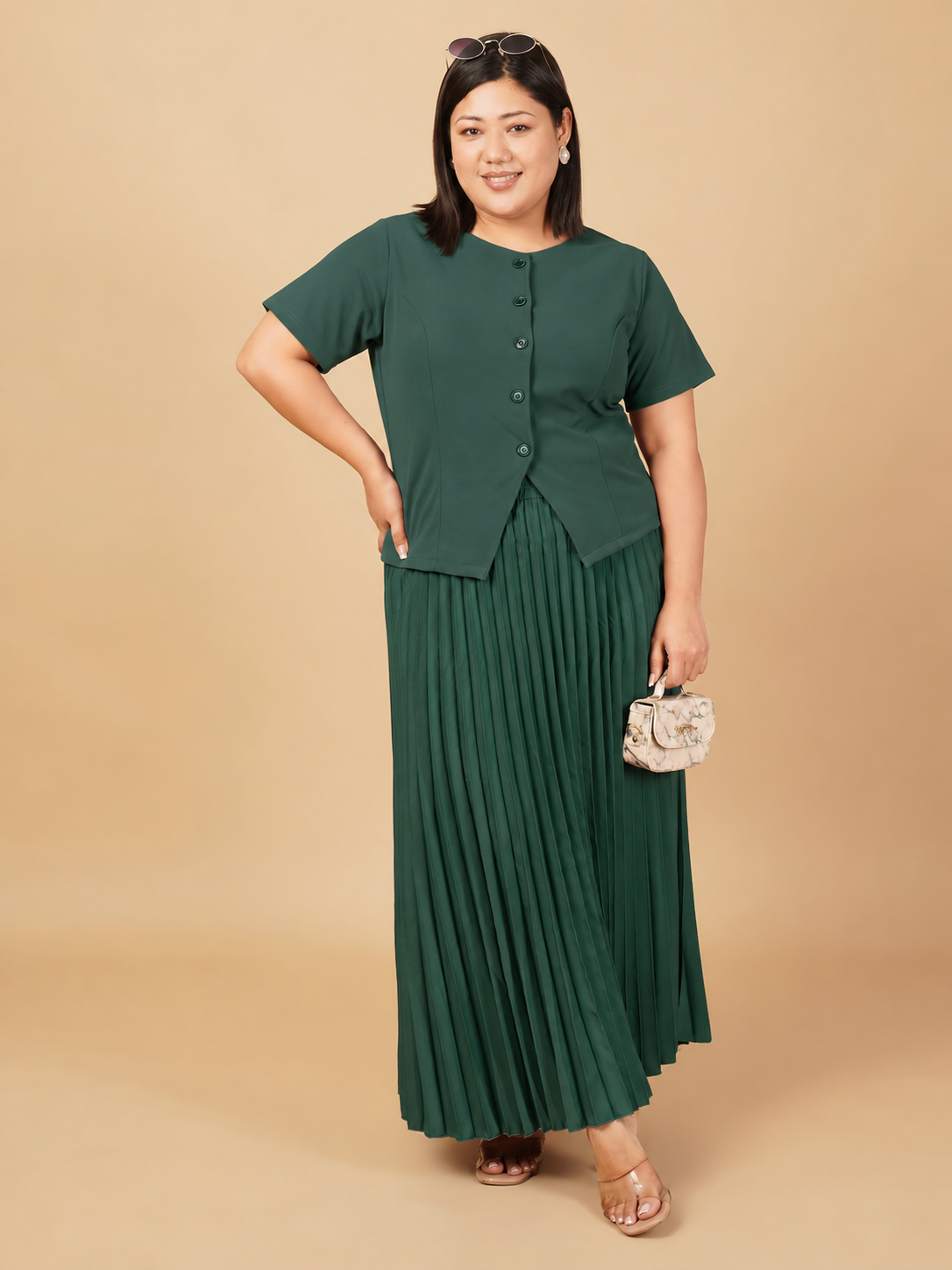 U&F Beyond Forest Green Plus Size Pleated Charm Co-ord Set