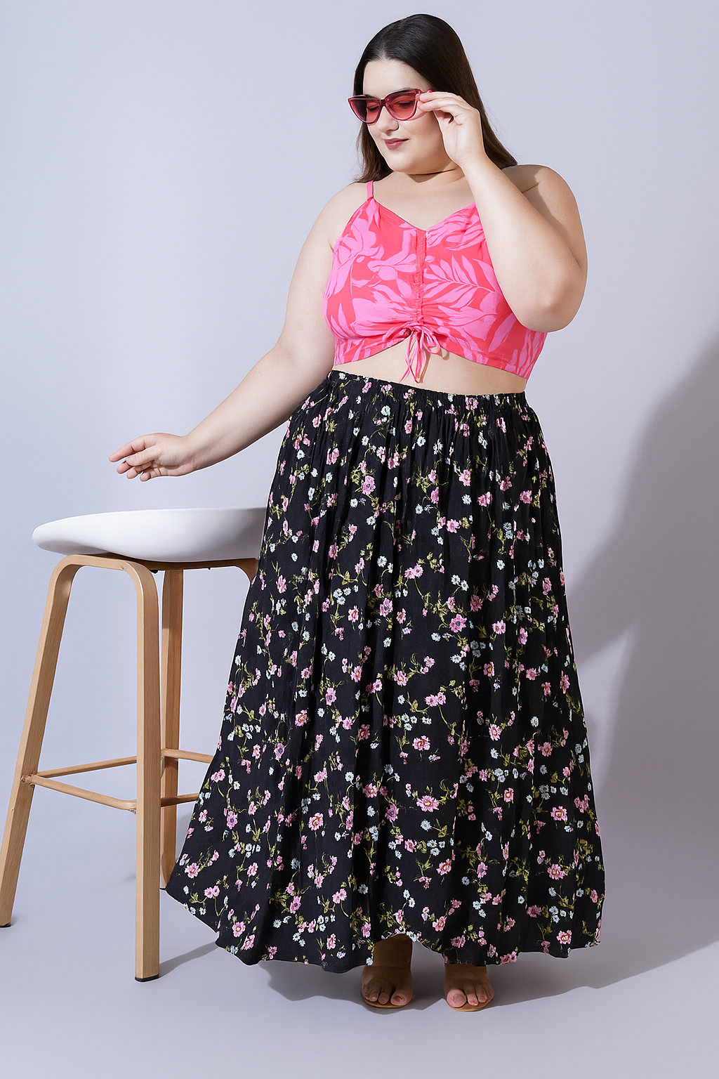 U&F Beyond Plus Size Women Black & Burgundy Floral Printed Pleated Flared Skirt