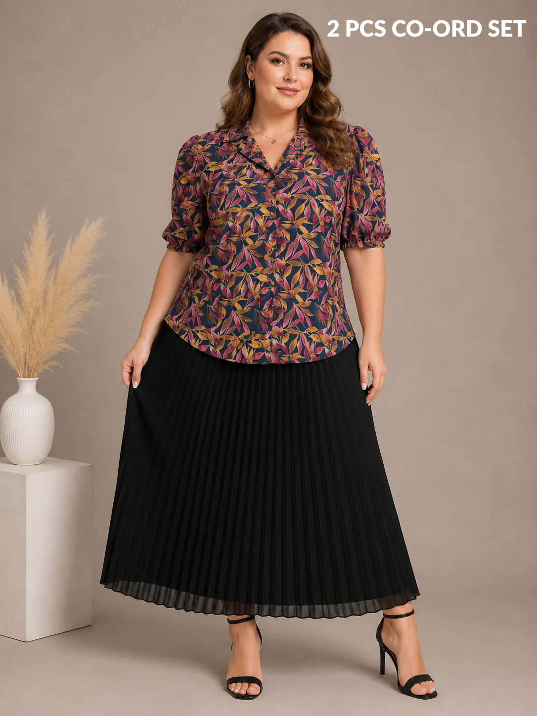 U&F Beyond Multicolour Botanical Printed Shirt with Black Pleated Maxi Skirt Plus Size Co-Ord Set