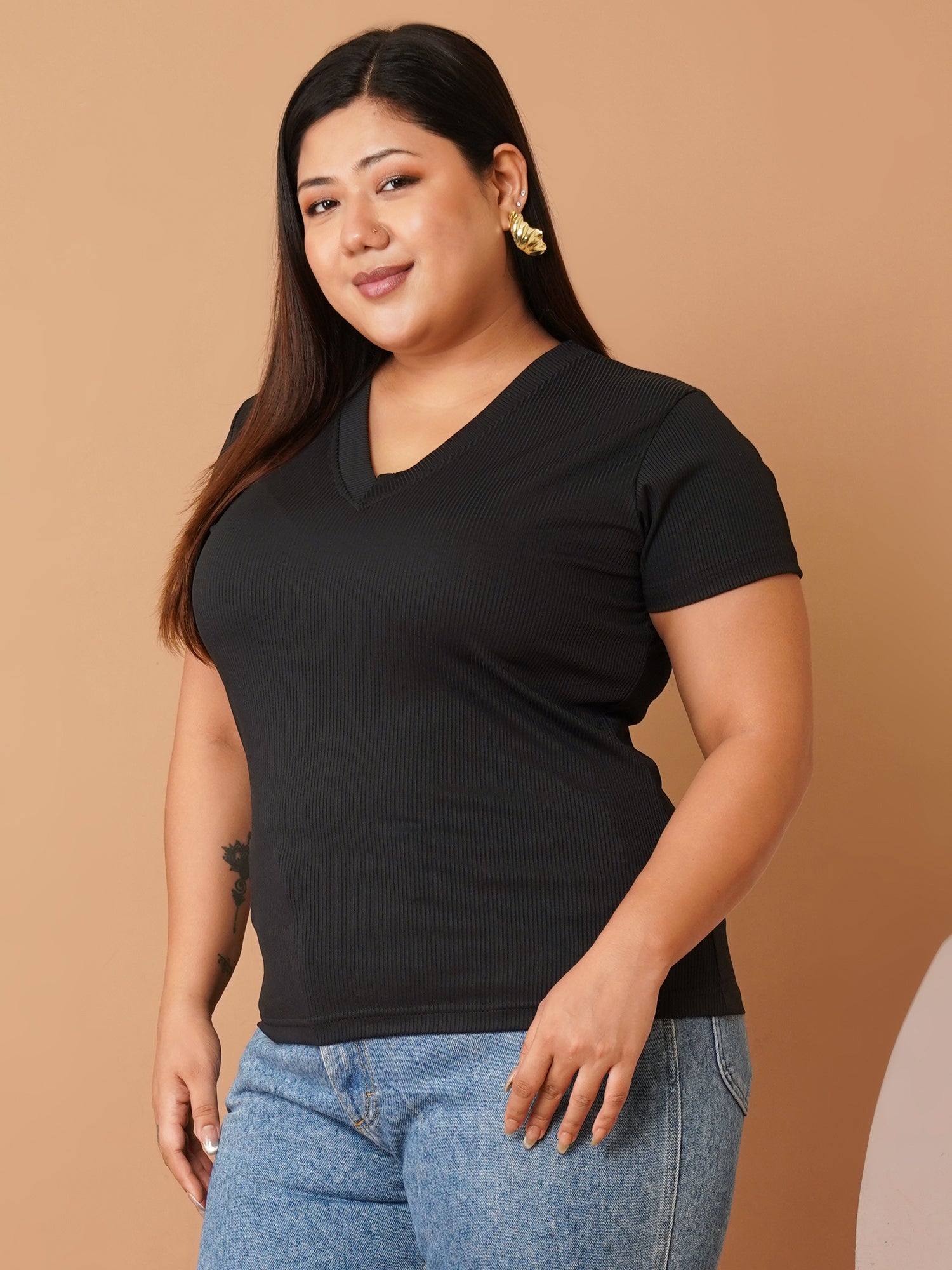 U&F Beyond Black Scuba V-Neck Plus Size Top