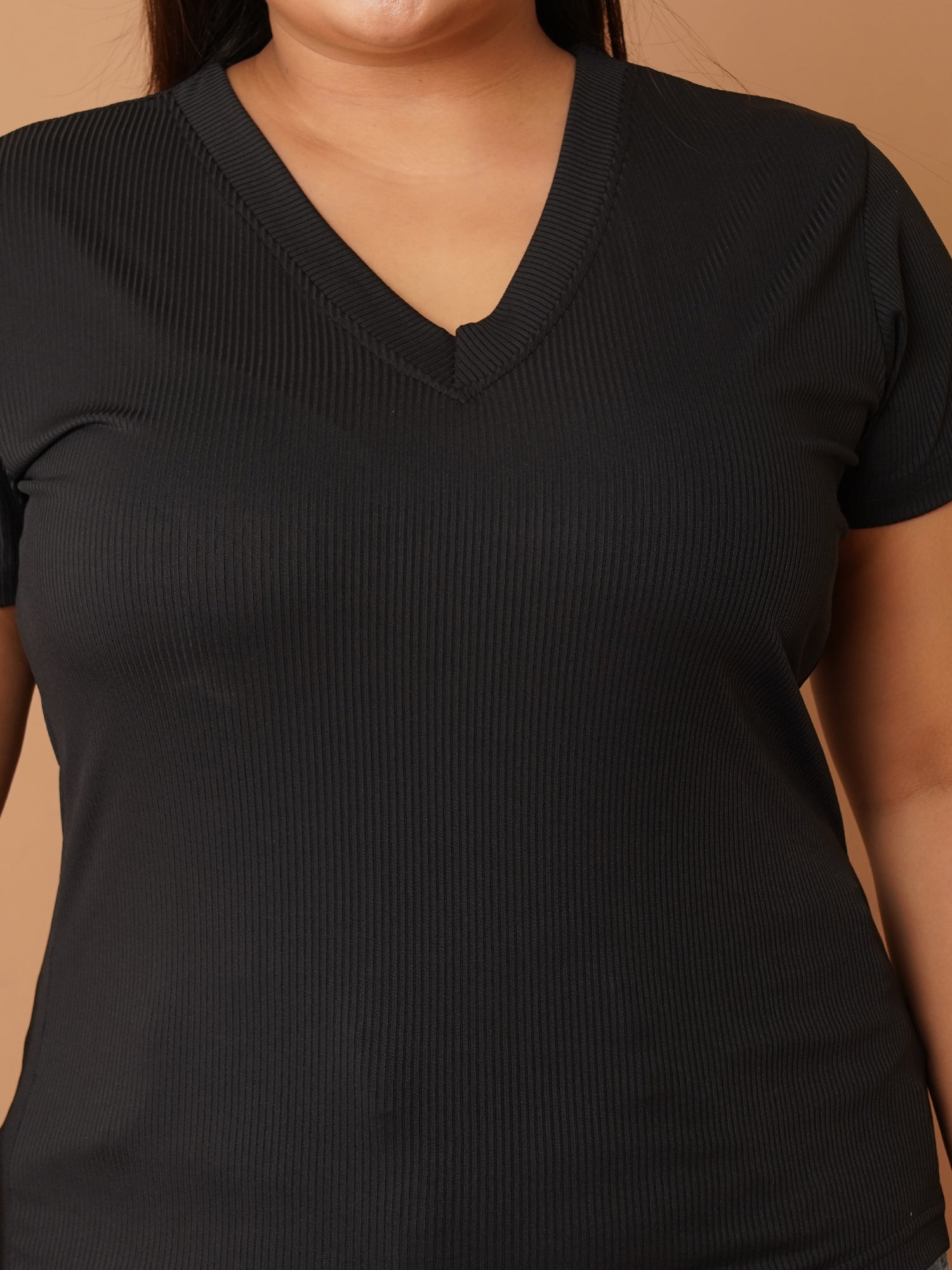 U&F Beyond Black Scuba V-Neck Plus Size Top