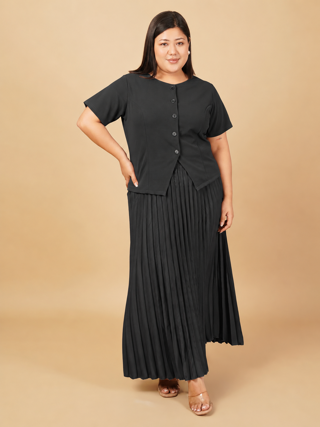 U&F Beyond Black Plus Size Pleated Grace Co-ord Set