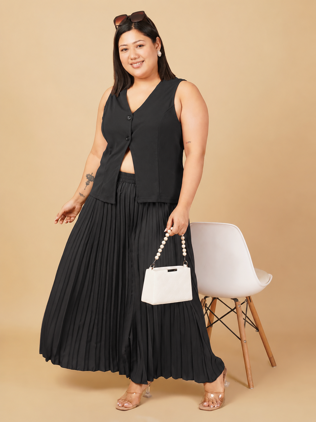 U&F Beyond Plus Size Noir Pleated Elegance Co-Ord Set