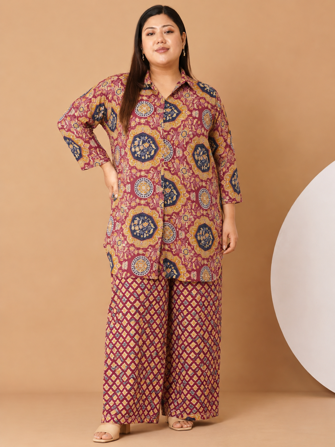 U&F Beyond Women’s Plus Size Maroon Geometric Printed Cotton Kurta Palazzo Set