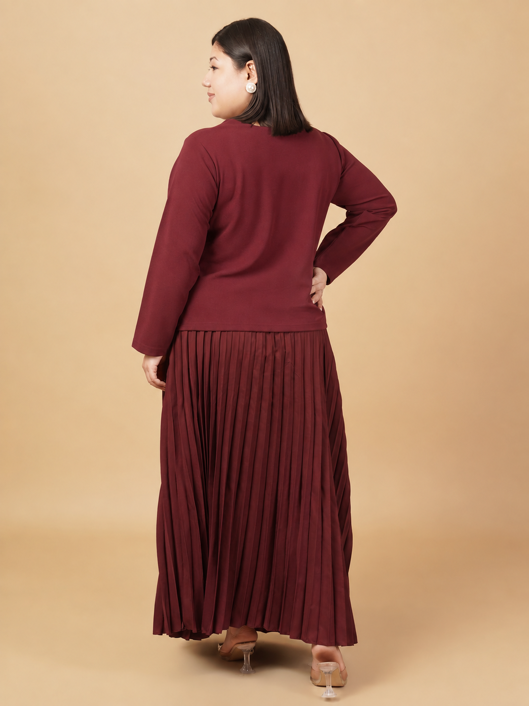 U&F Beyond Plus Size Maroon Pleated Elegance Co-ord Set