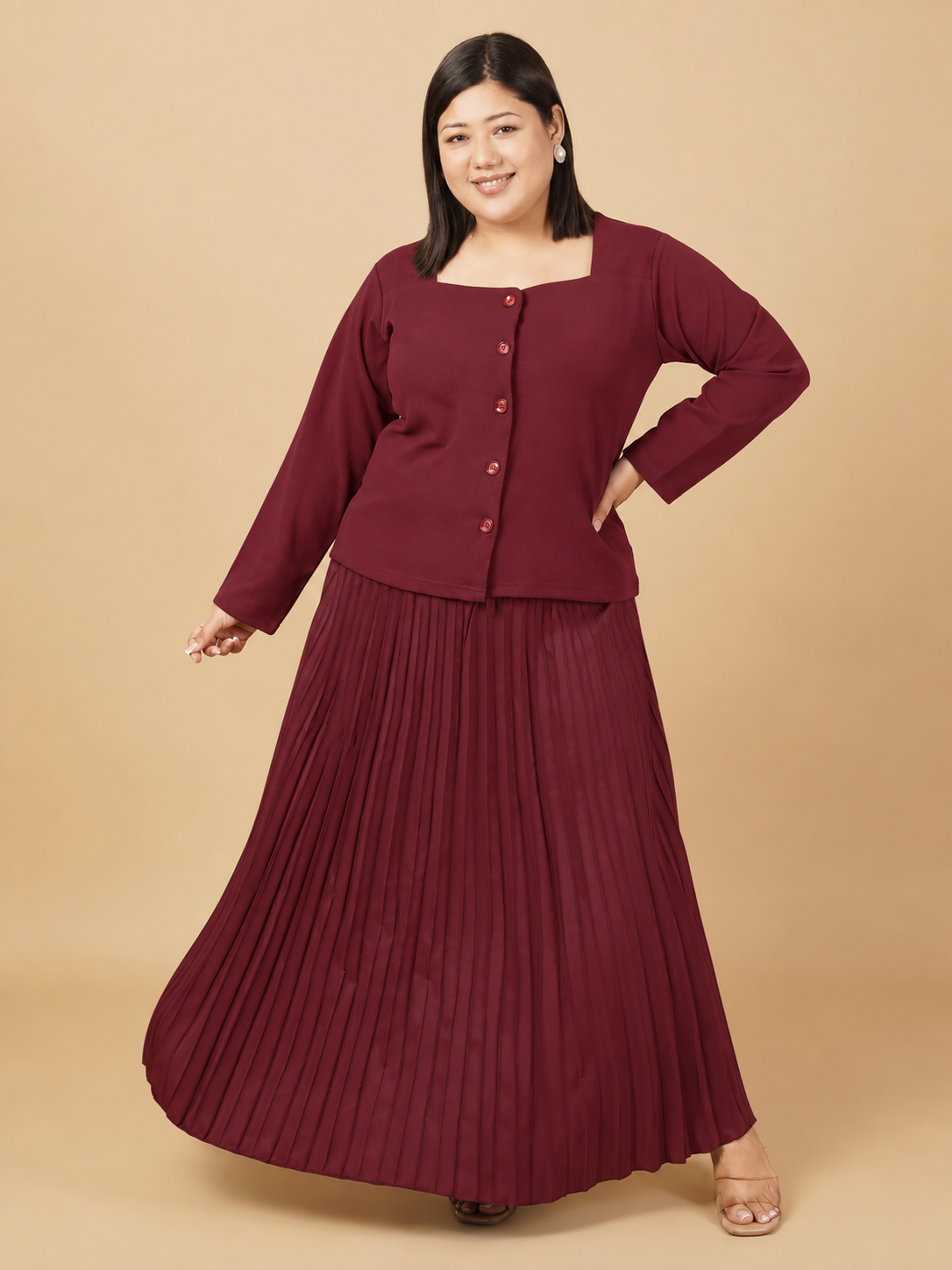 U&F Beyond Plus Size Maroon Pleated Elegance Co-ord Set