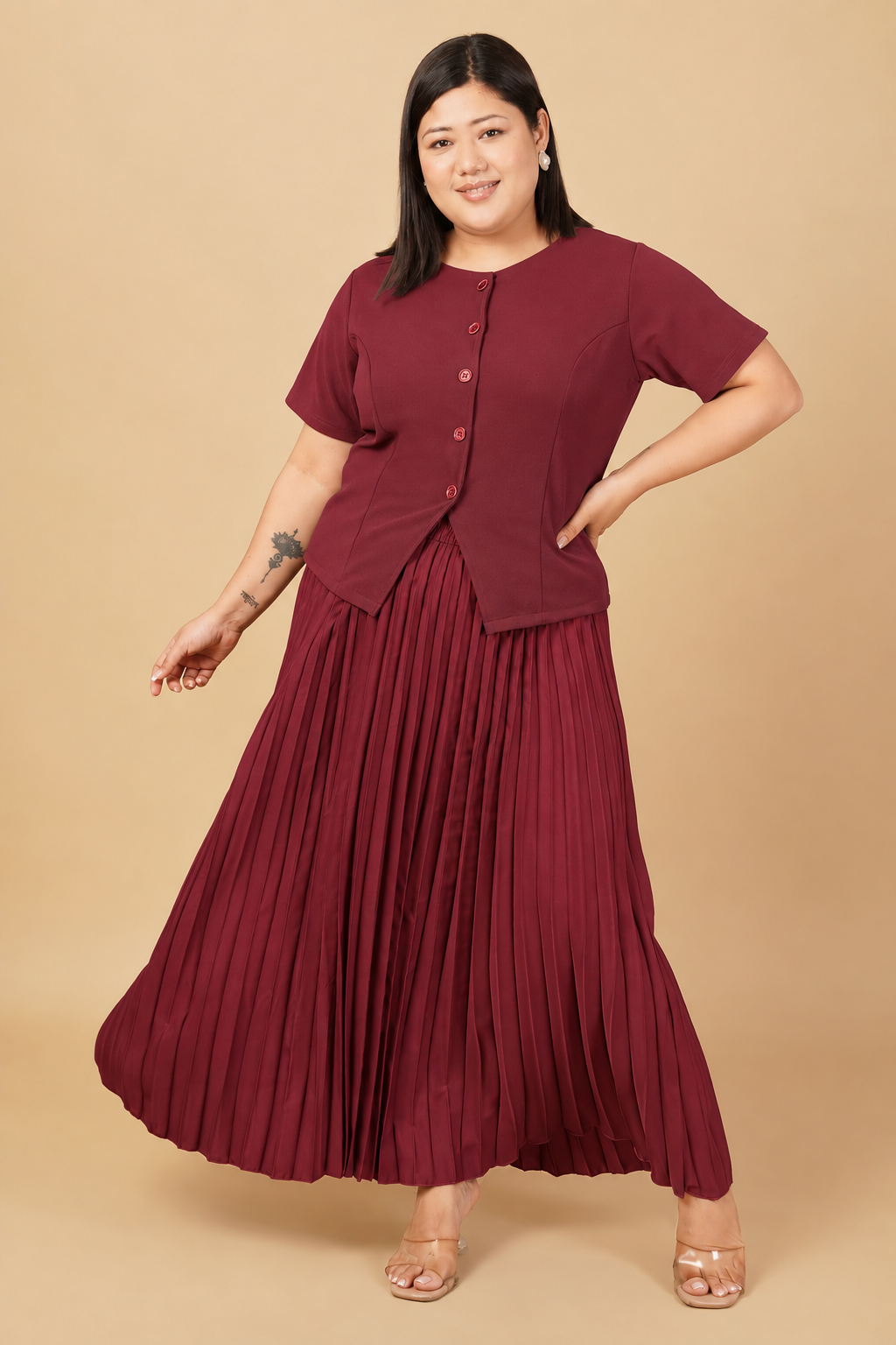 U&F Beyond Plus Size Maroon Sophisticated Pleated Co-ord Set
