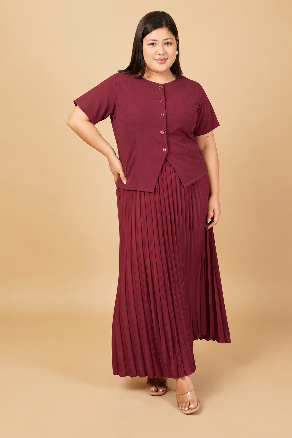 U&F Beyond Plus Size Maroon Sophisticated Pleated Co-ord Set