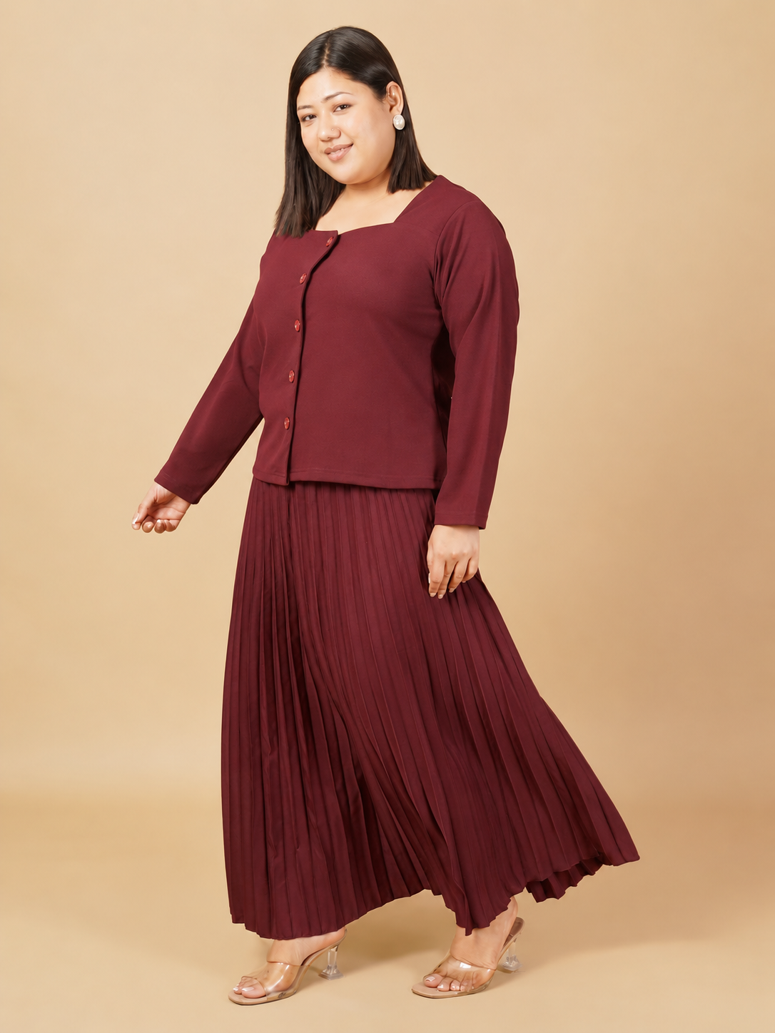 U&F Beyond Plus Size Maroon Pleated Elegance Co-ord Set
