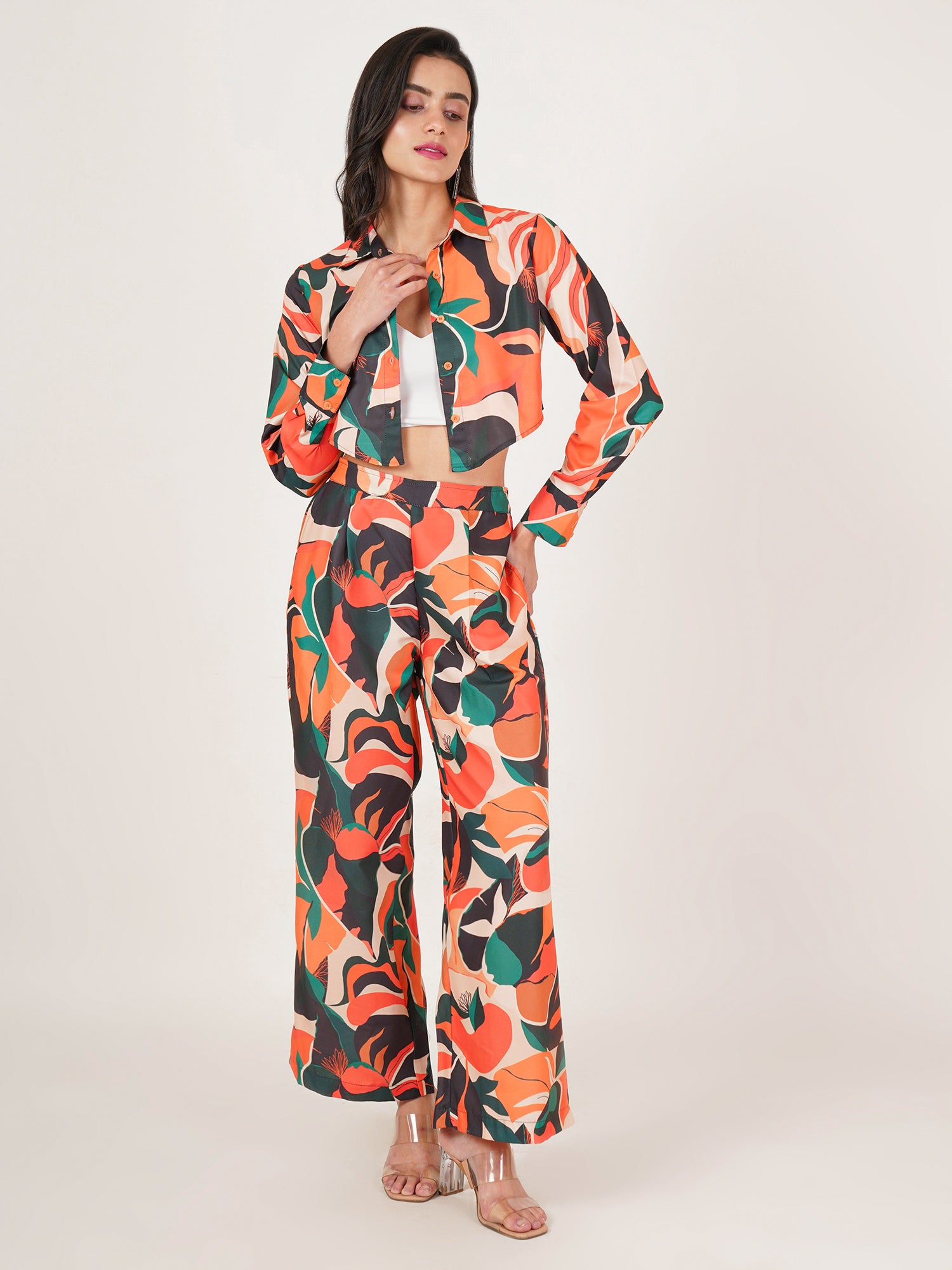 U&F Women Printed Shirt Collar Neck Shirt With Trousers Co-Ords