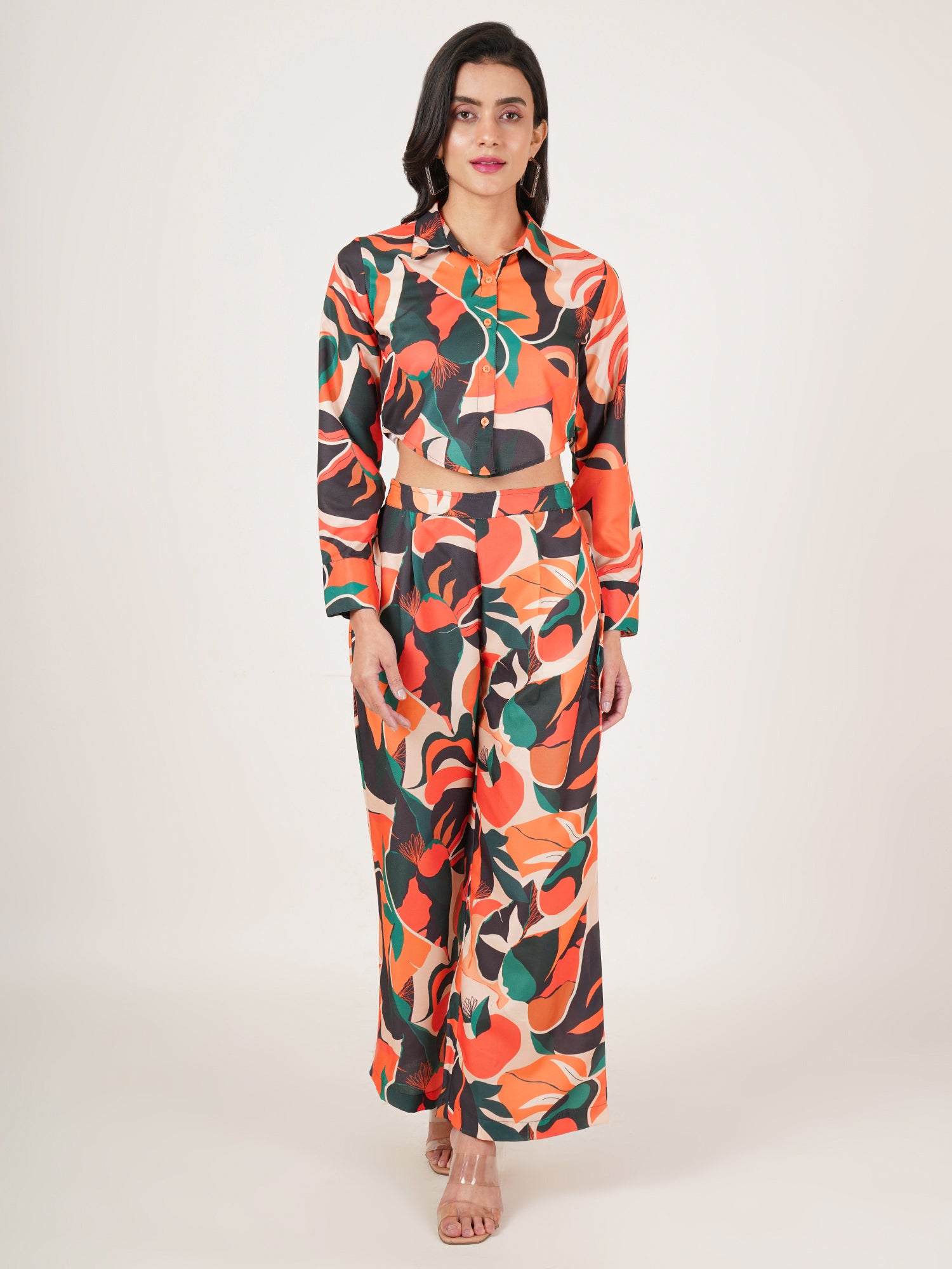 U&F Women Printed Shirt Collar Neck Shirt With Trousers Co-Ords