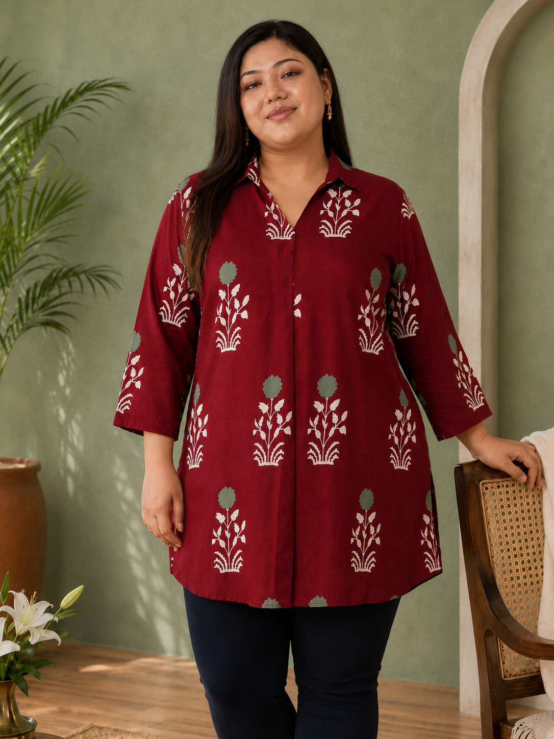 U&F Beyond Women's Plus Size  Maroon Printed Rayon Shirt Style Longline Top