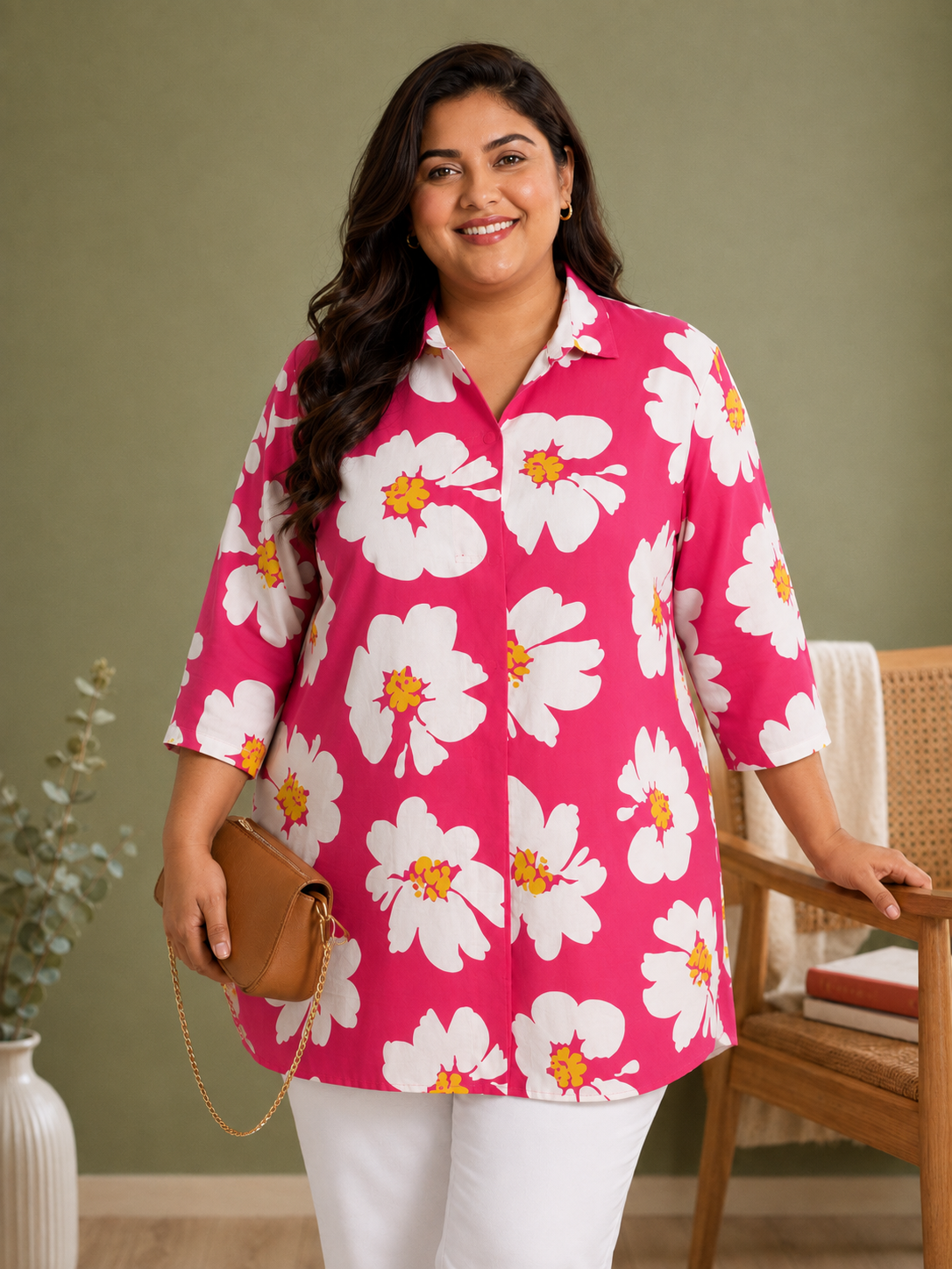 U&F Beyond Pink Floral Printed Plus Size Shirt Style Cotton Top