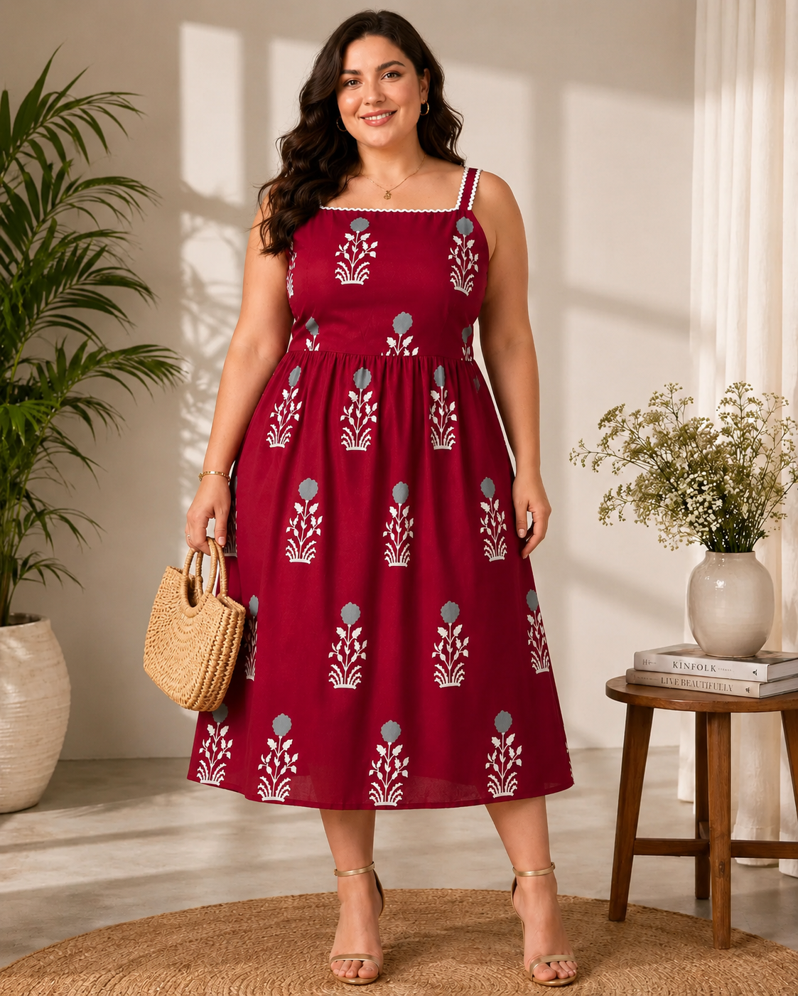 U&F Beyond Women Plus Size Ethnic Motif Fit & Flare Midi Dress
