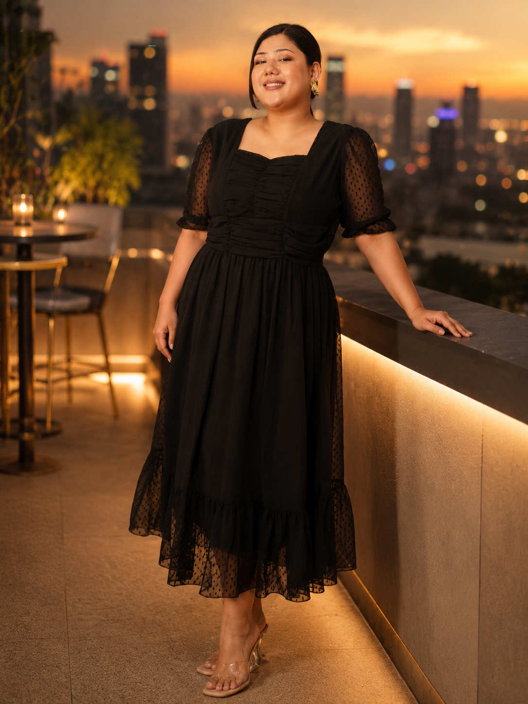 U&F Beyond Plus Size Black Georgette Midi Dress | Square Neck, Puff Sleeves, Ruched Empire Waist