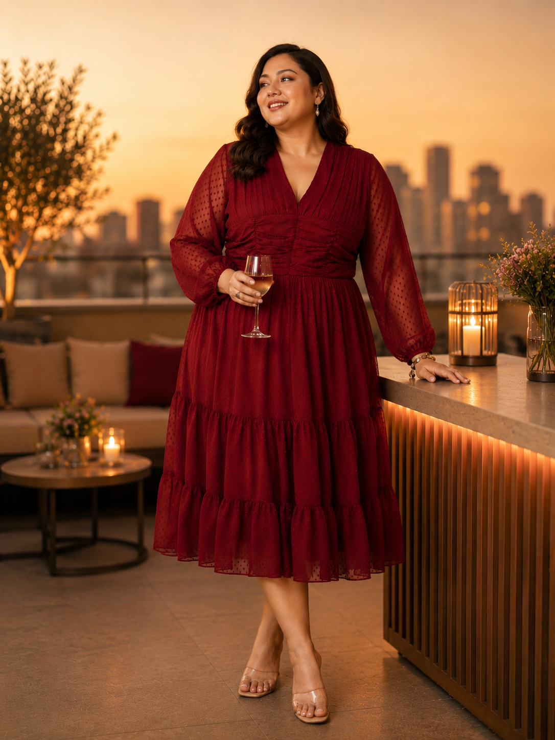 U&F Beyond Plus Size Maroon Georgette Swiss-Dot Midi Dress |V Neck, Puff Sleeves, Ruched Bodice, Tiered Hem