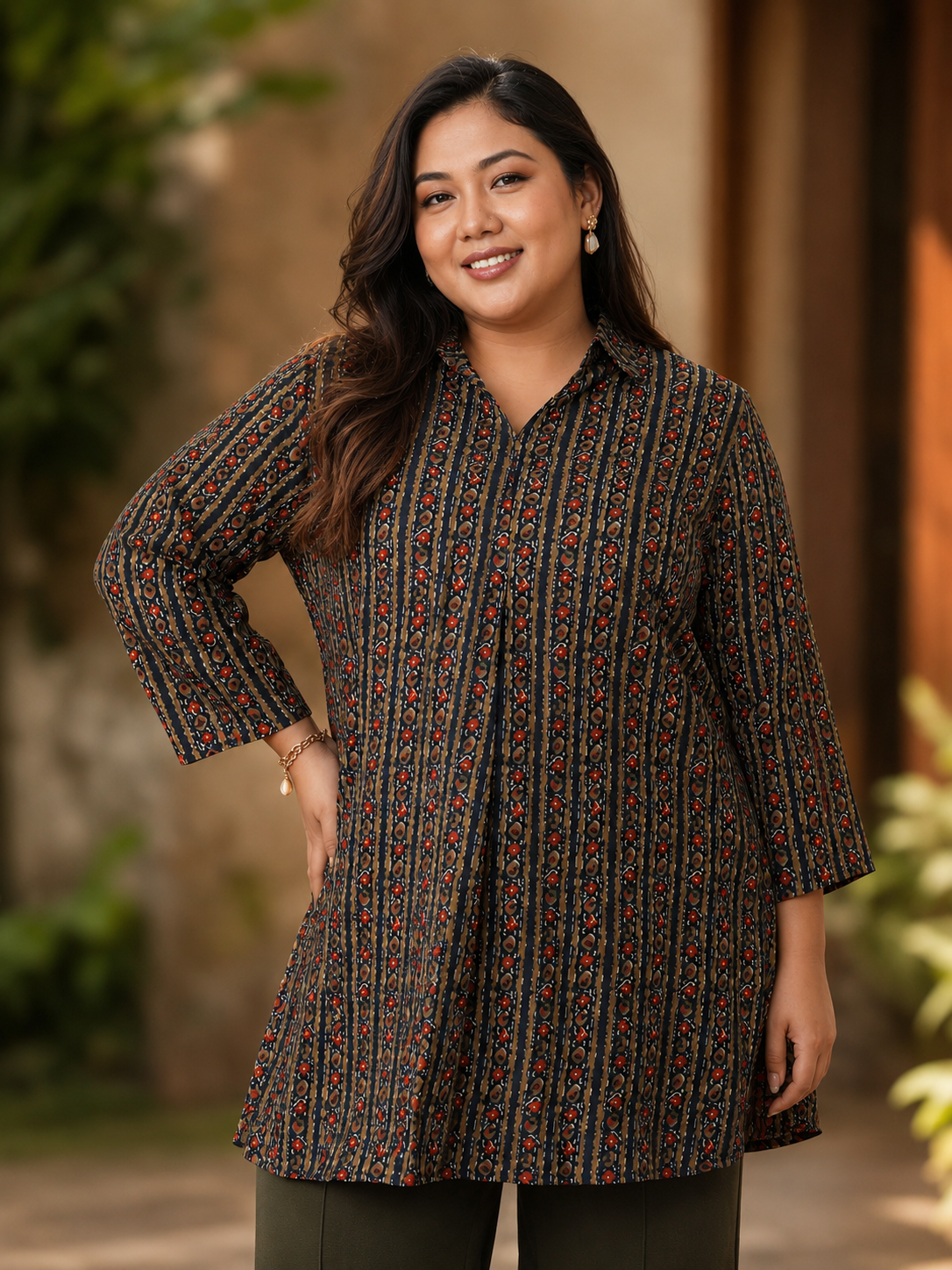 U&F Beyond Navy Blue Crepe Printed Longline Shirt Style Top