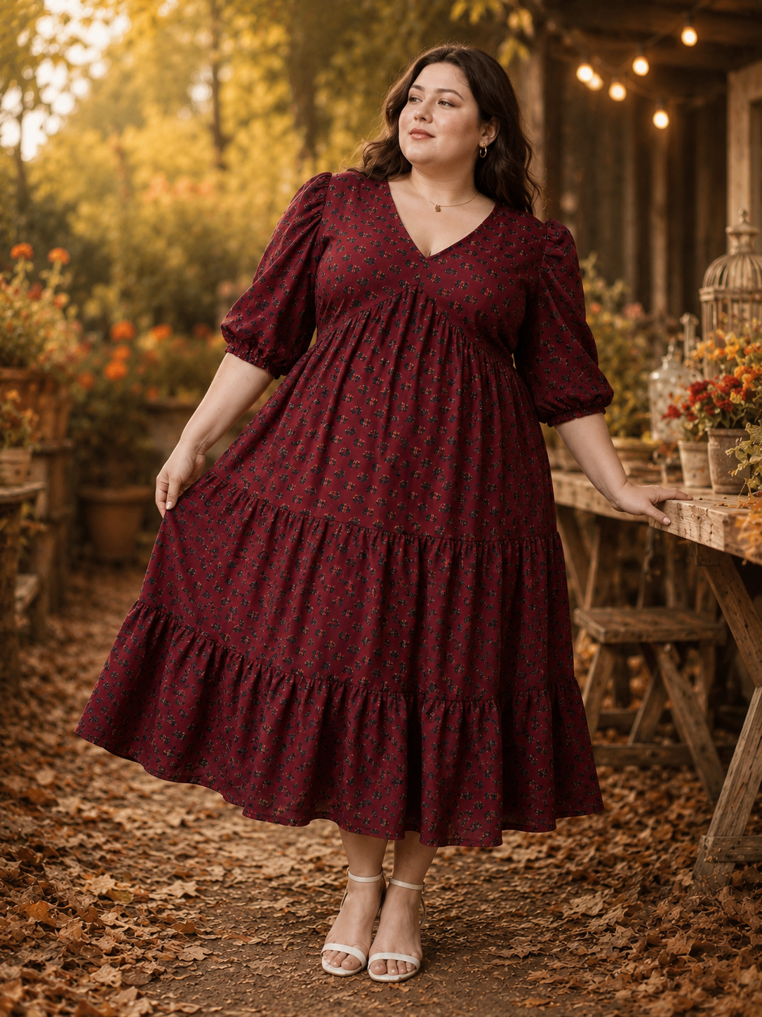 Women Plus Size Floral Print Puff Sleeve A-Line Midi Dress