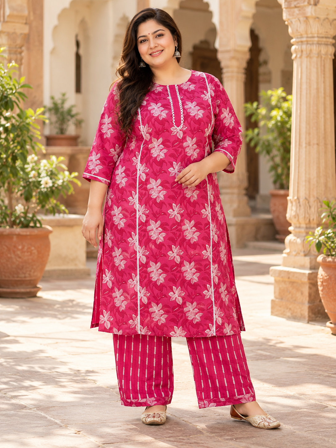 U&F Beyond Plus Size Women’s Magenta Pink Floral Printed Cotton Kurta Palazzo Set