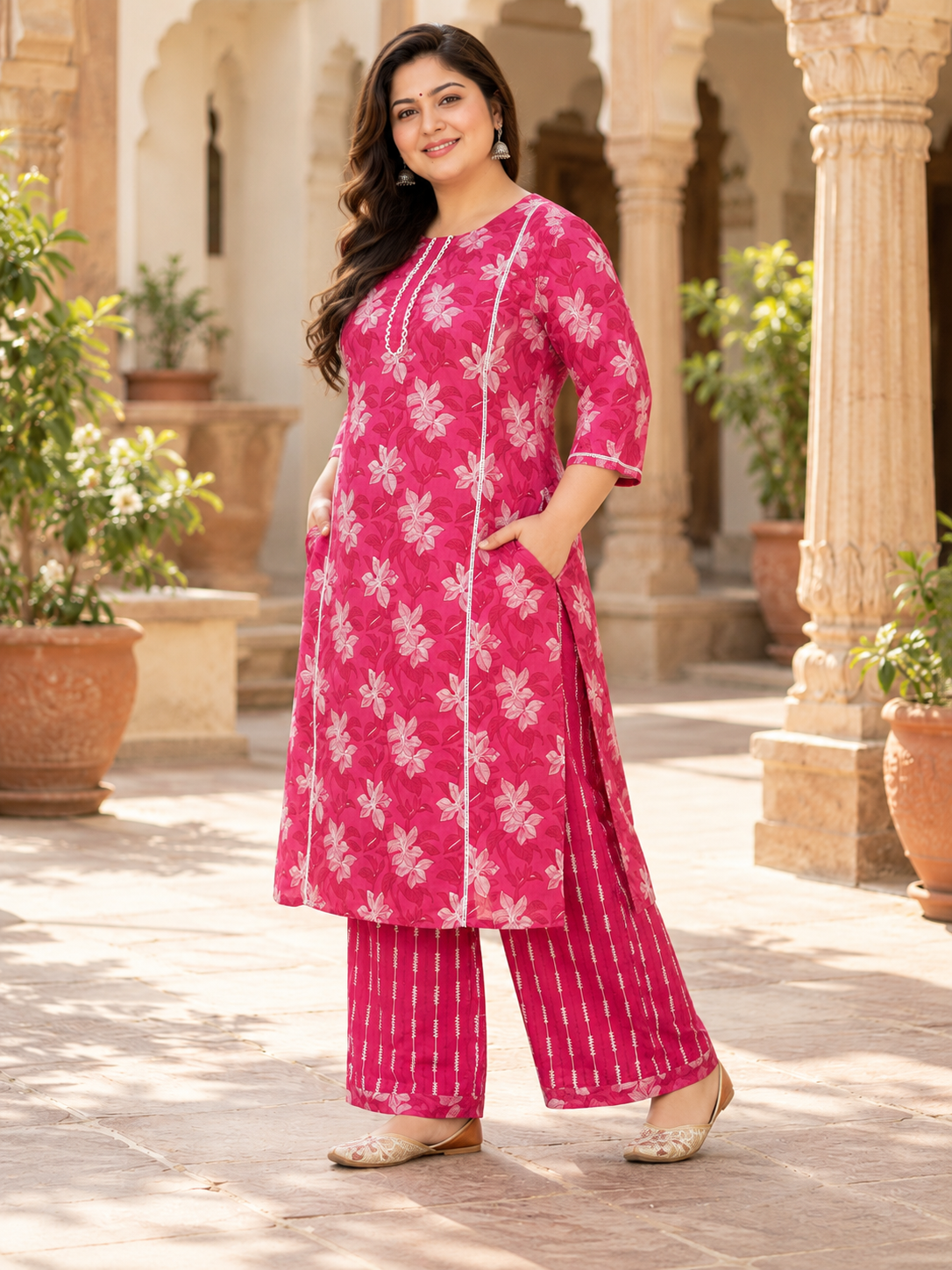 U&F Beyond Plus Size Women’s Magenta Pink Floral Printed Cotton Kurta Palazzo Set