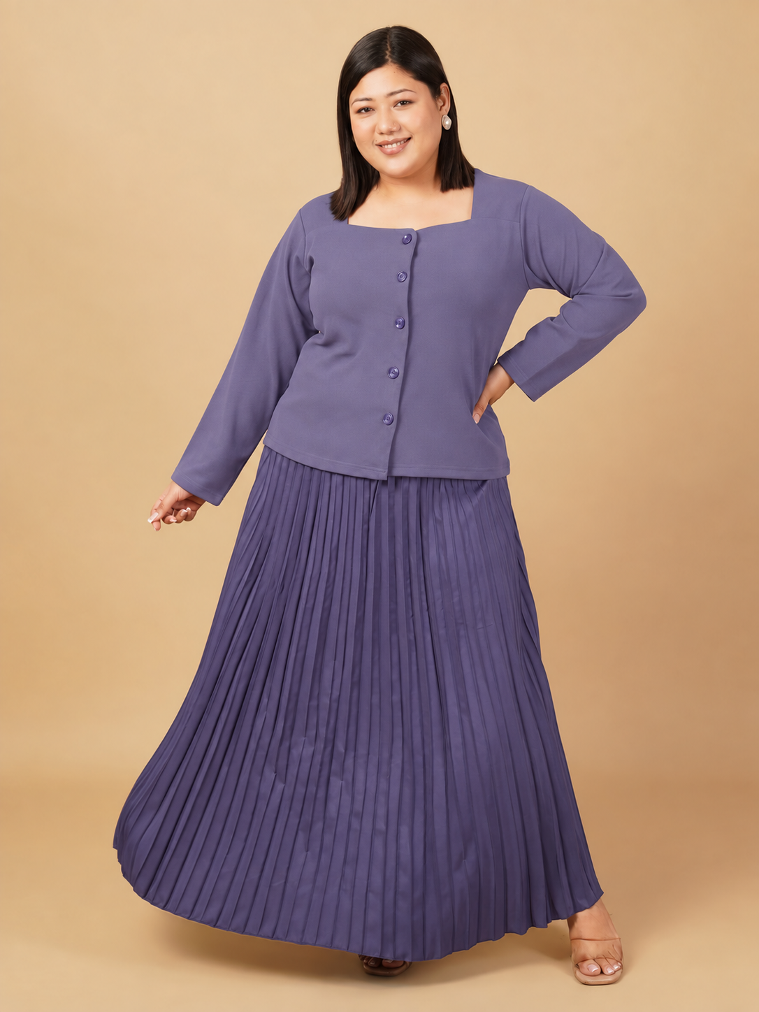 U&F Beyond Plus Size Purple Solid Square Neck Button-Front Pleated Co-ord Set