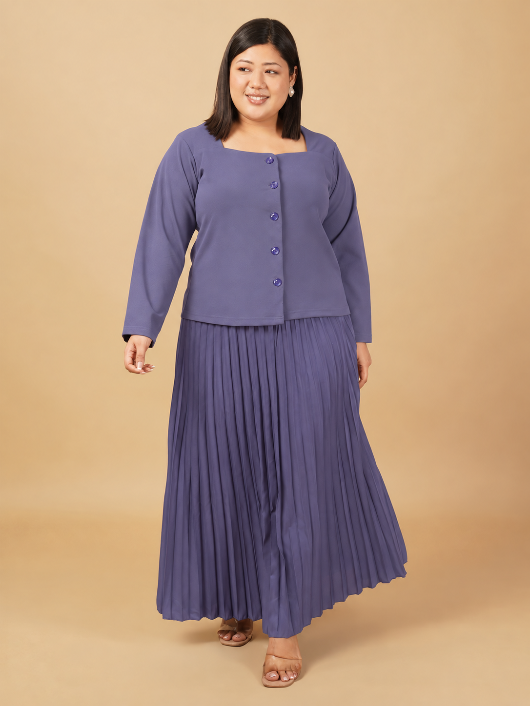 U&F Beyond Plus Size Purple Solid Square Neck Button-Front Pleated Co-ord Set