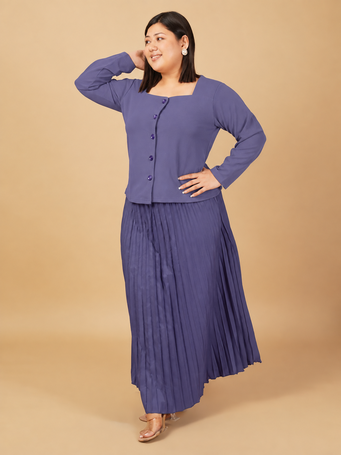 U&F Beyond Plus Size Purple Solid Square Neck Button-Front Pleated Co-ord Set