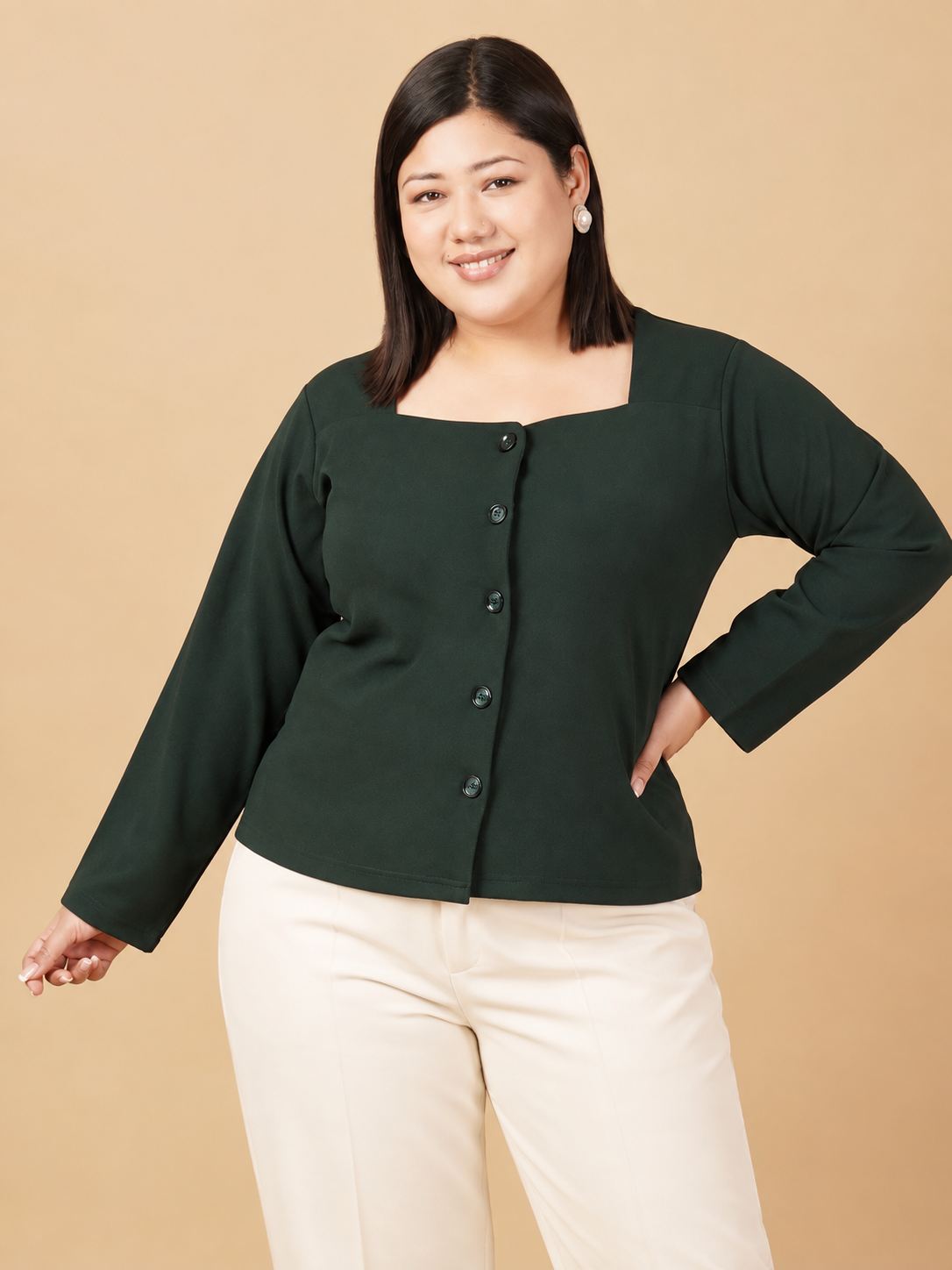 U&F Beyond Plus Size Forest Green Button-Front Square Neck Top