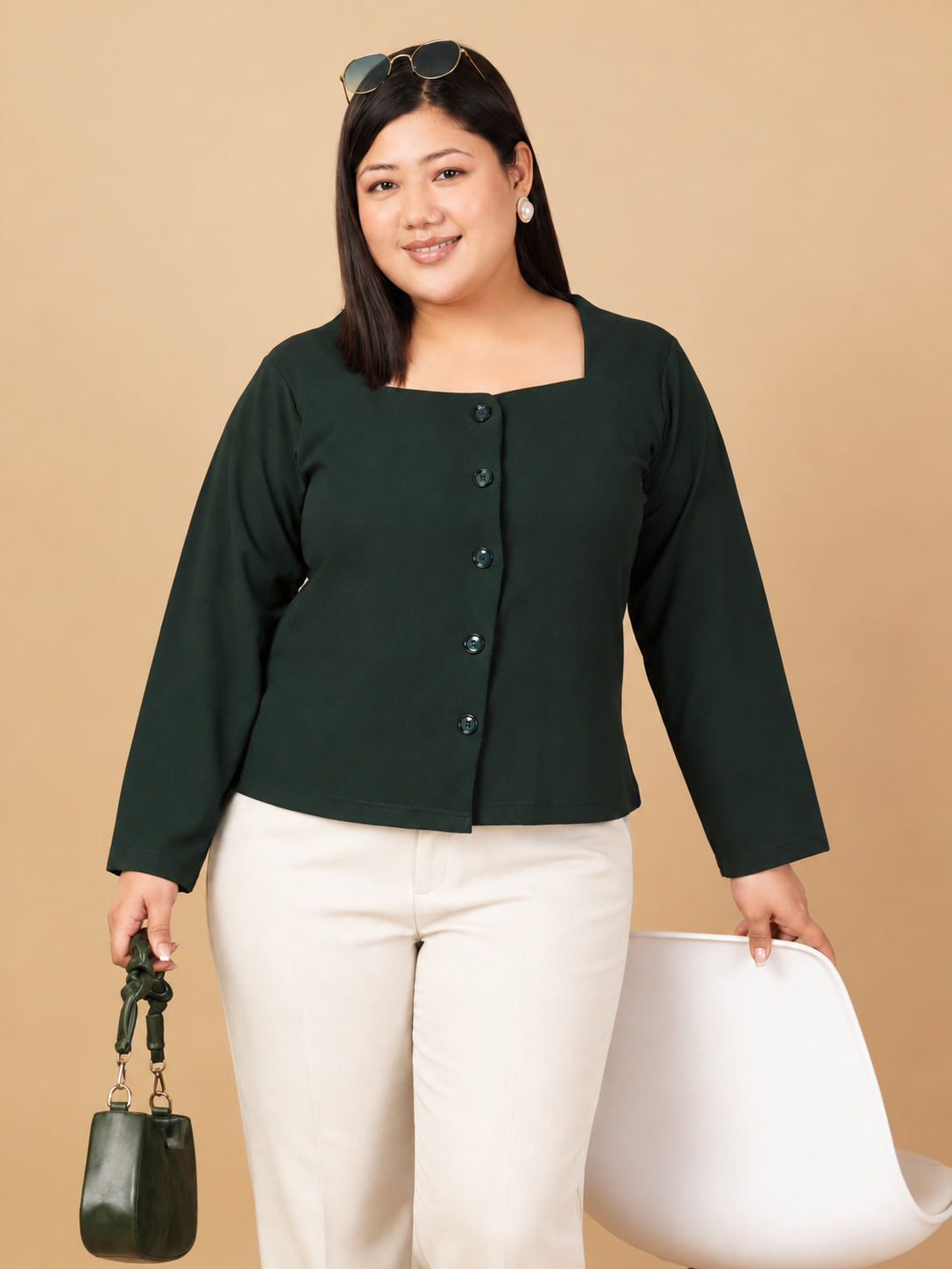 U&F Beyond Plus Size Forest Green Button-Front Square Neck Top