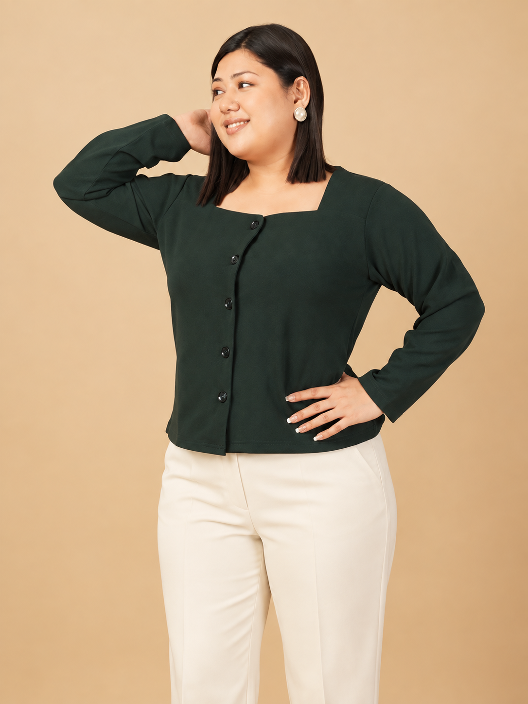U&F Beyond Plus Size Forest Green Button-Front Square Neck Top
