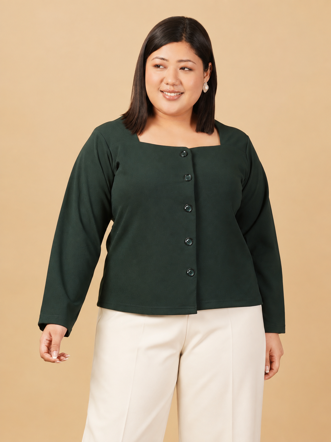 U&F Beyond Plus Size Forest Green Button-Front Square Neck Top