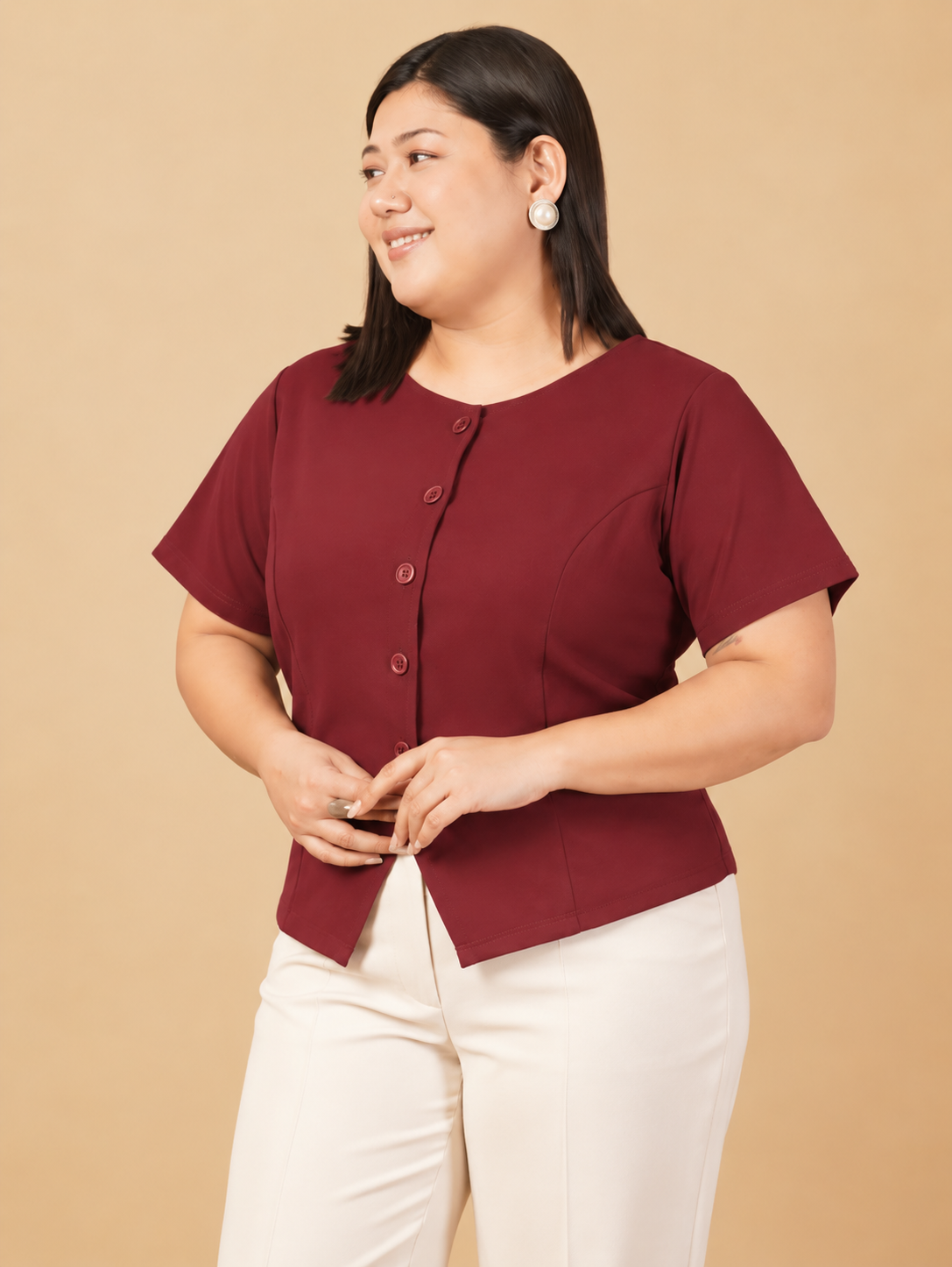 U&F Beyond Plus Size Maroon Elegant Front-Button Top