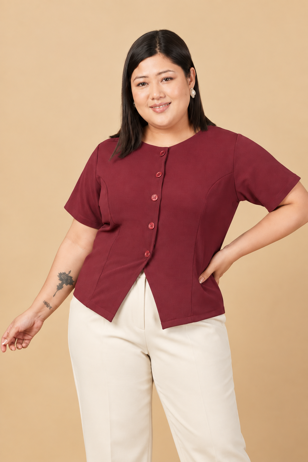U&F Beyond Plus Size Maroon Elegant Front-Button Top