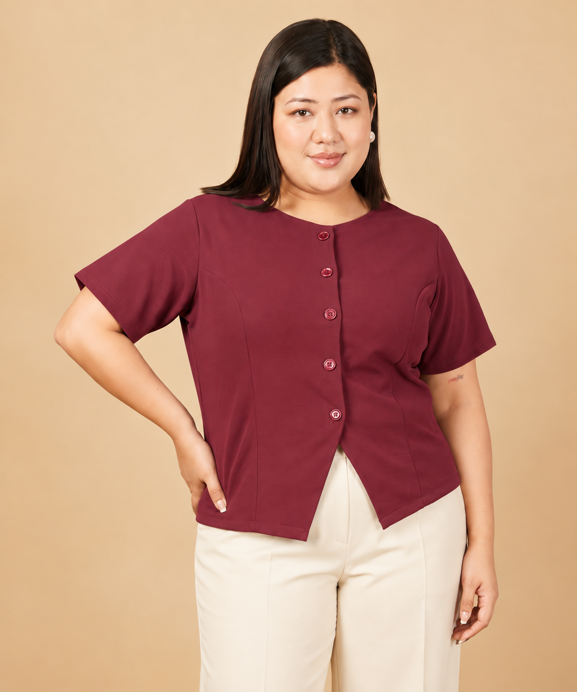 U&F Beyond Plus Size Maroon Elegant Front-Button Top