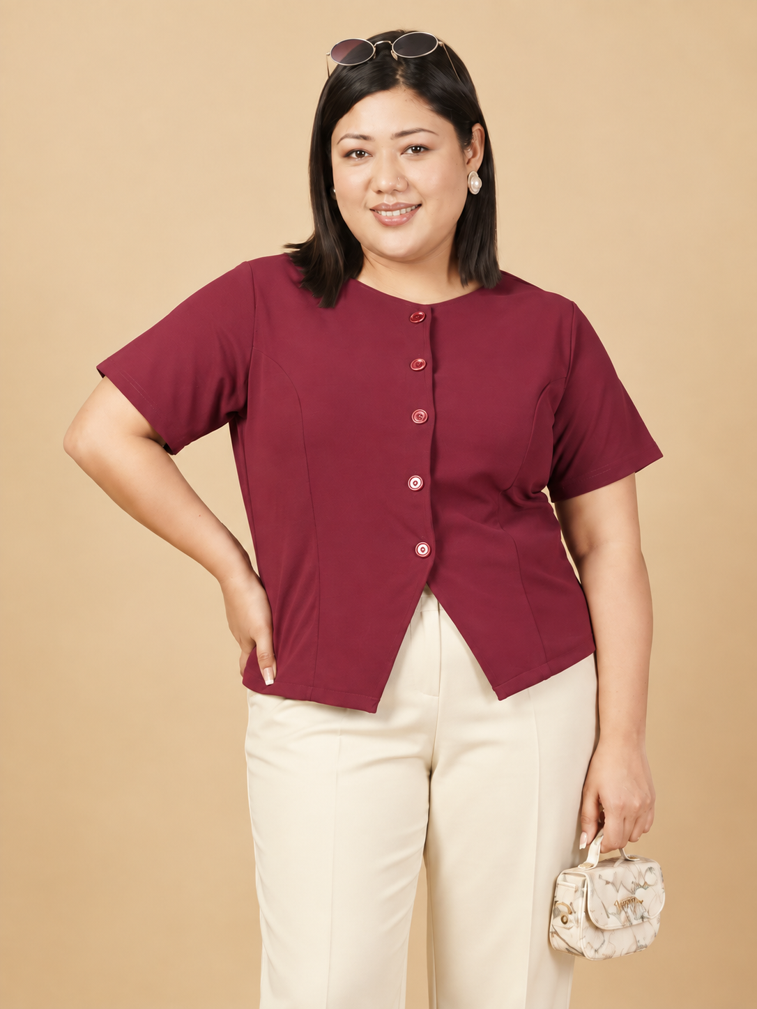 U&F Beyond Plus Size Maroon Elegant Front-Button Top