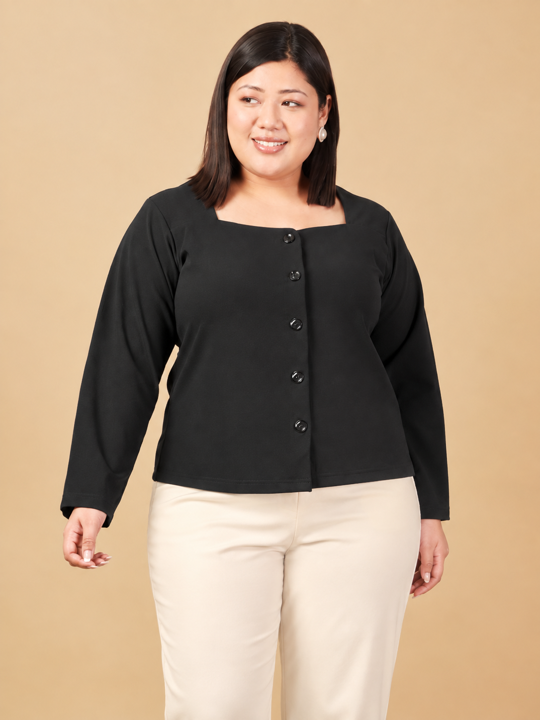 U&F Beyond Plus Size Black Solid Square-Neck Button-Front Top