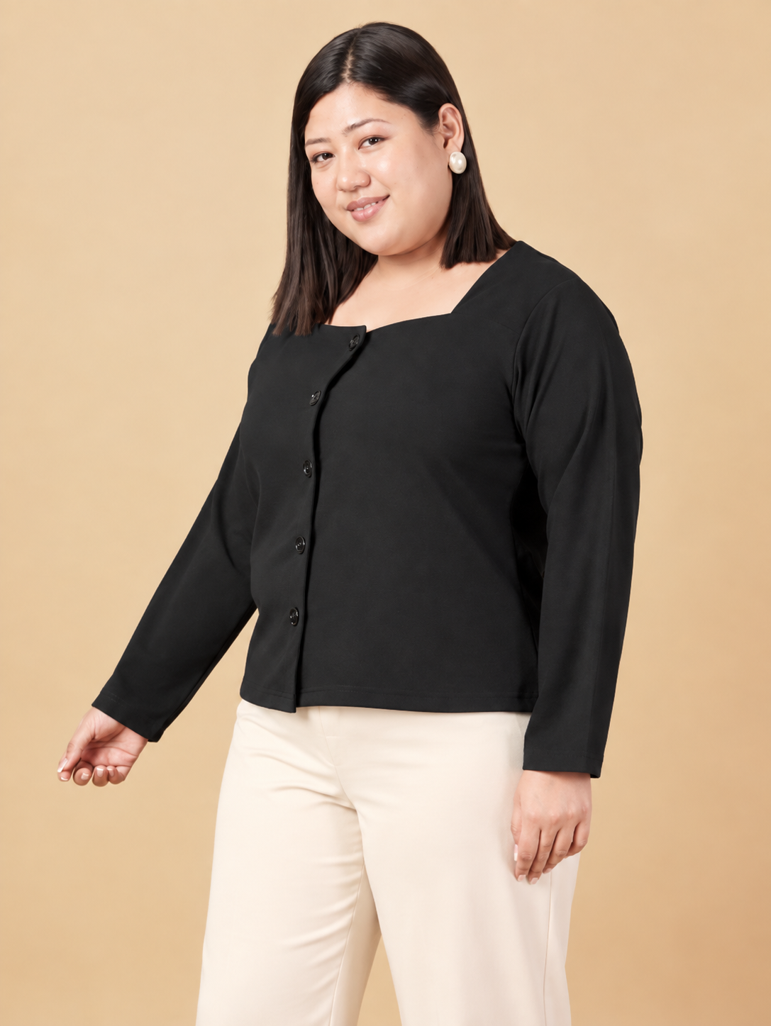 U&F Beyond Plus Size Black Solid Square-Neck Button-Front Top