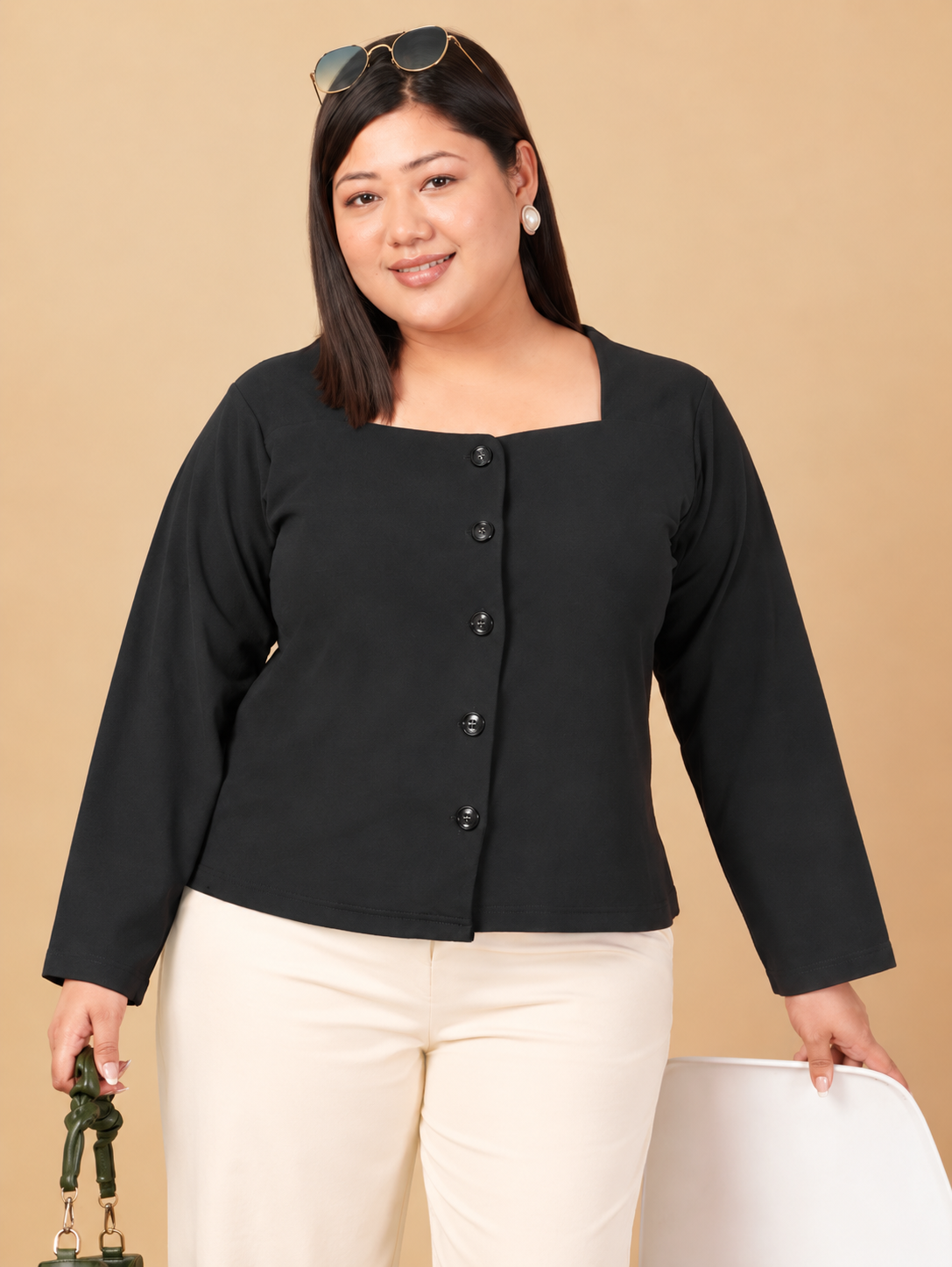 U&F Beyond Plus Size Black Solid Square-Neck Button-Front Top