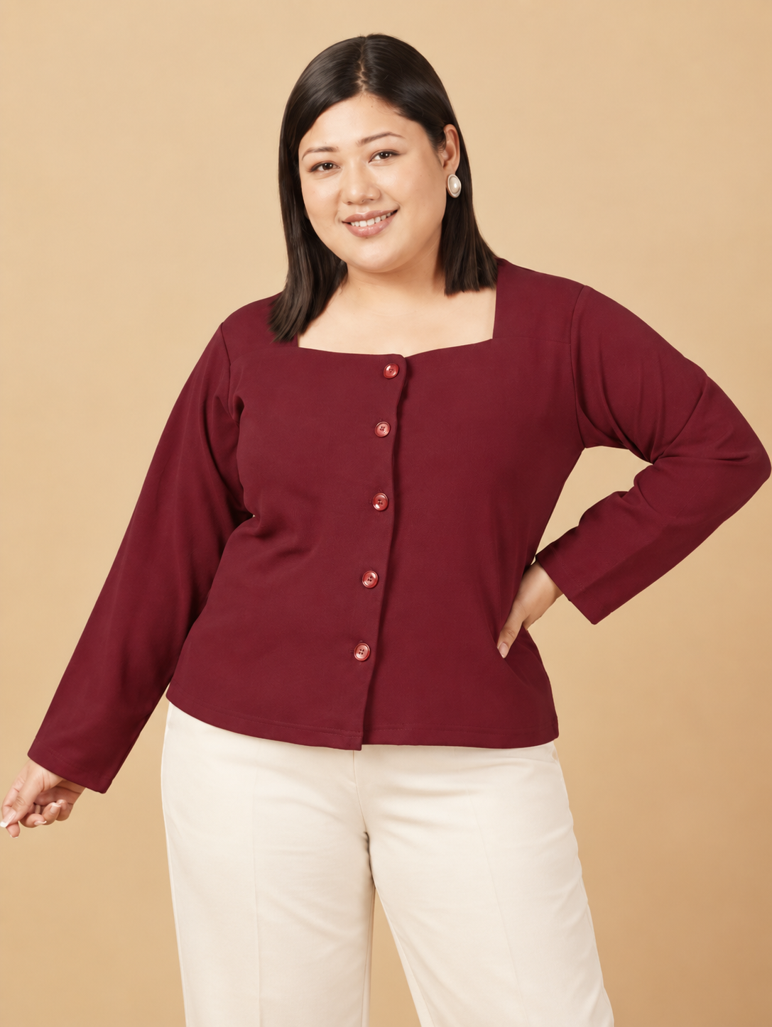 U&F Beyond Plus Size Maroon Square-Neck Button-Front Top
