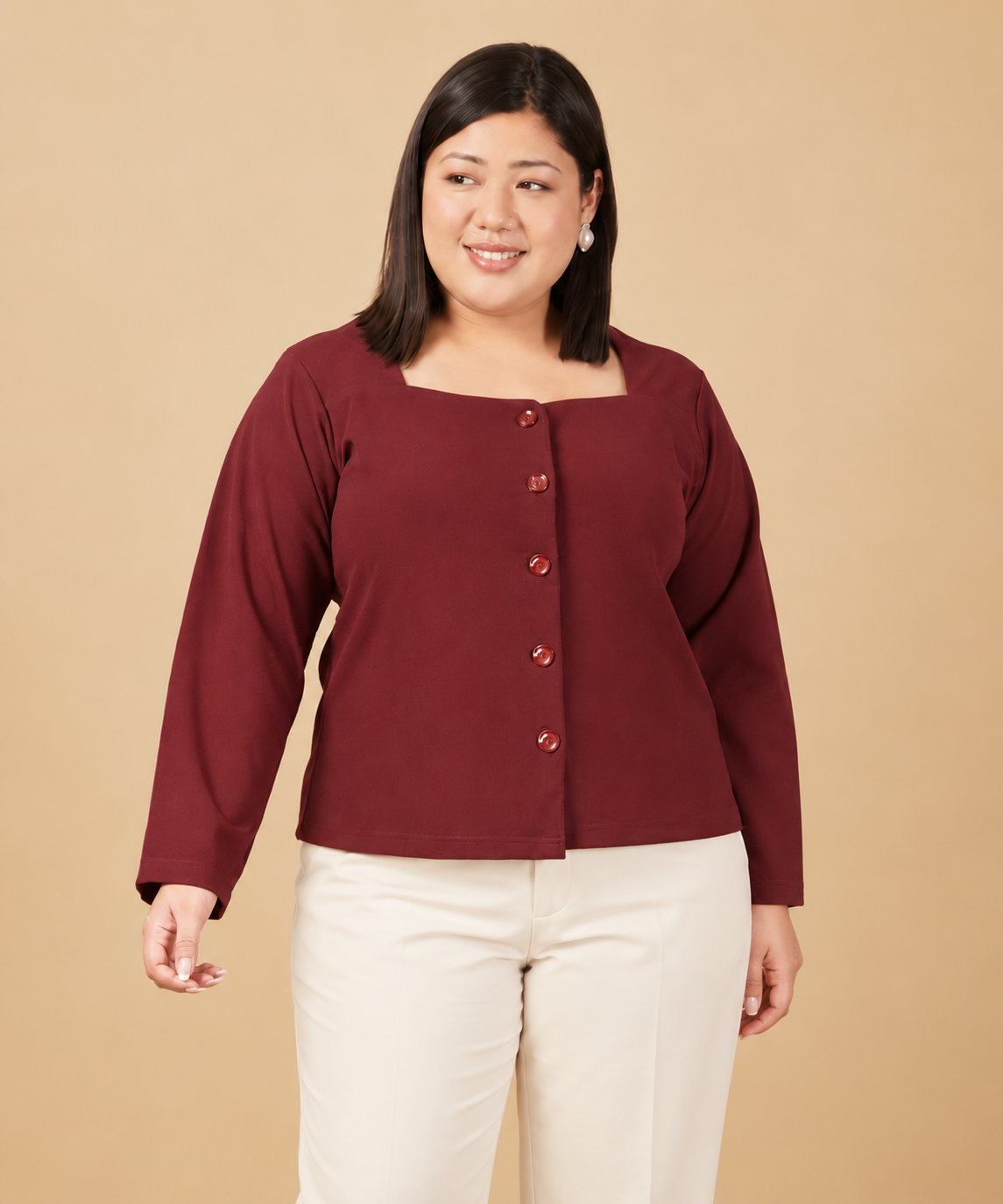 U&F Beyond Plus Size Maroon Square-Neck Button-Front Top