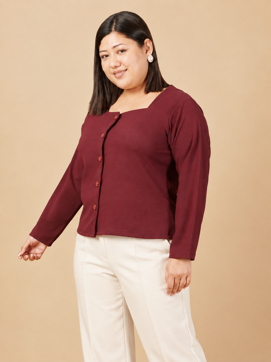 U&F Beyond Plus Size Maroon Square-Neck Button-Front Top