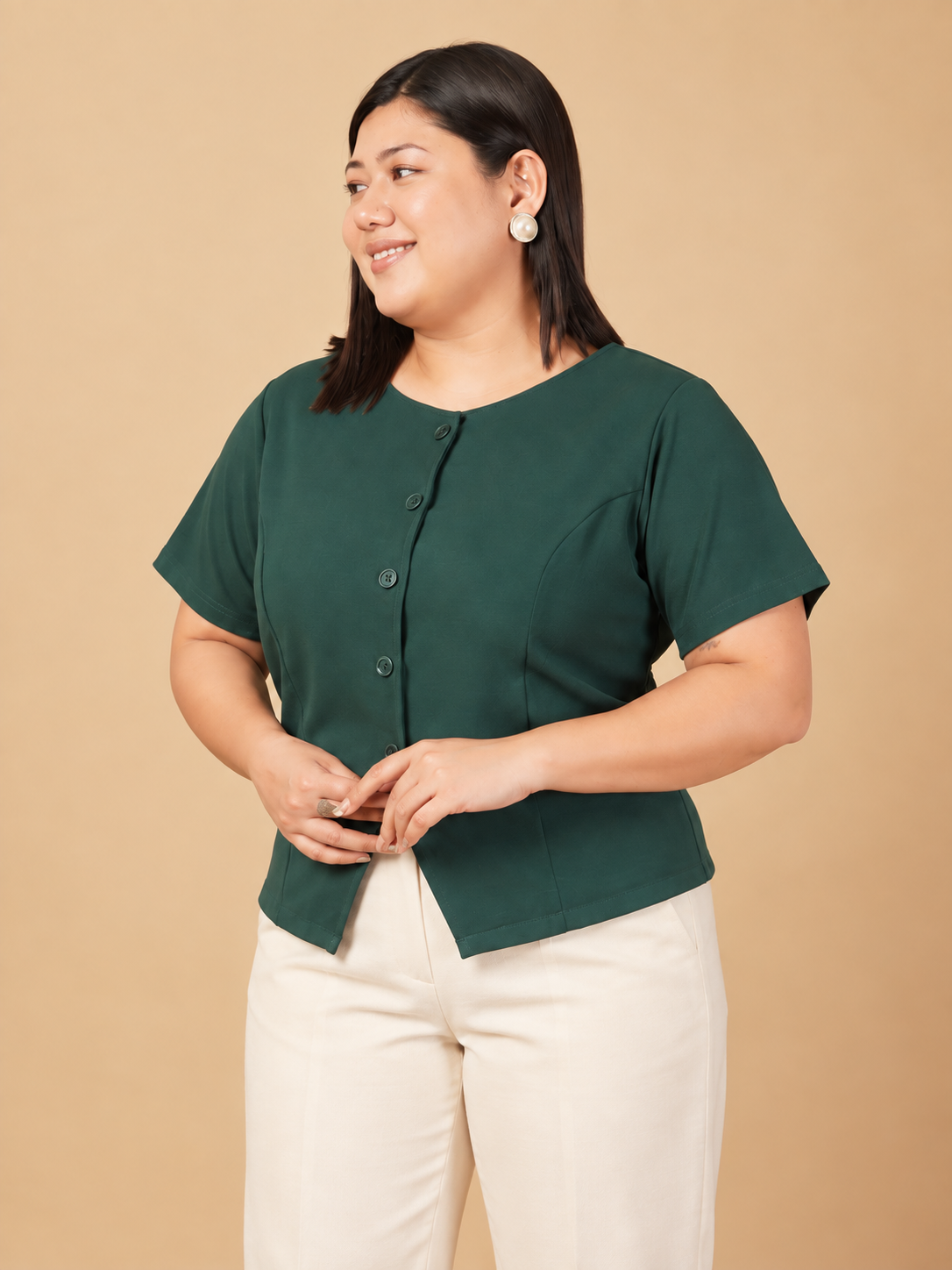 U&F Beyond Plus Size Emerald Ease Front-Button Top