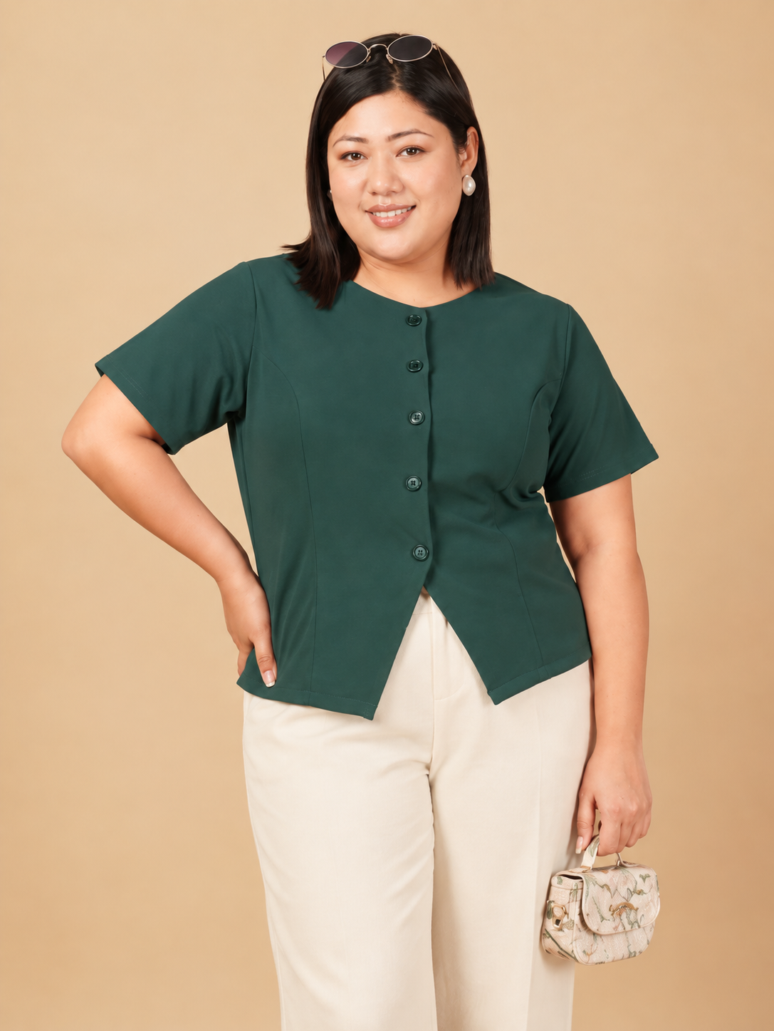 U&F Beyond Plus Size Emerald Ease Front-Button Top
