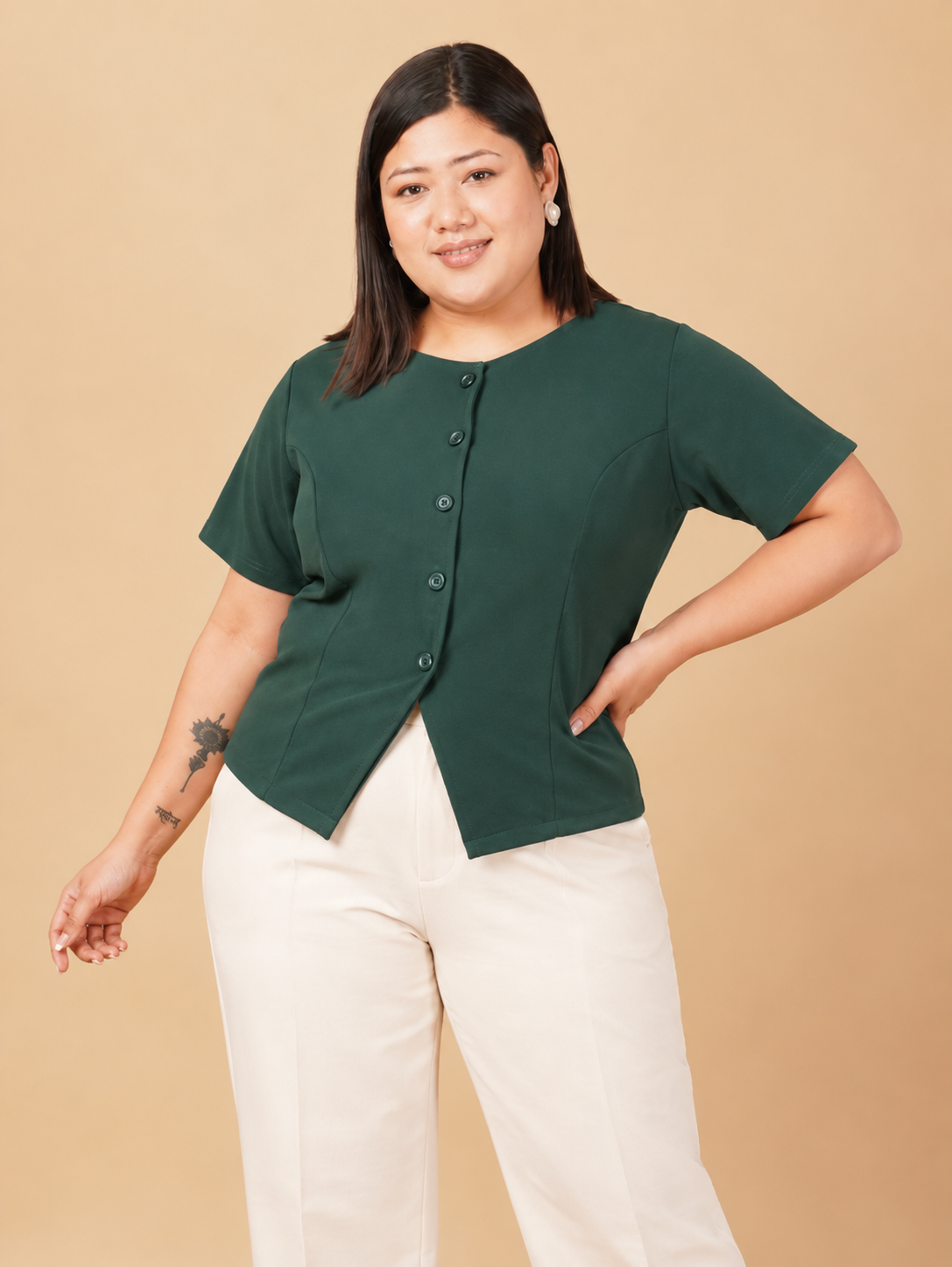 U&F Beyond Plus Size Emerald Ease Front-Button Top