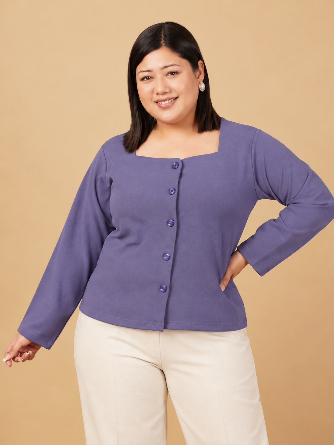 U&F Beyond Women Plus size Solid Purple Square Neck Button-Front Top