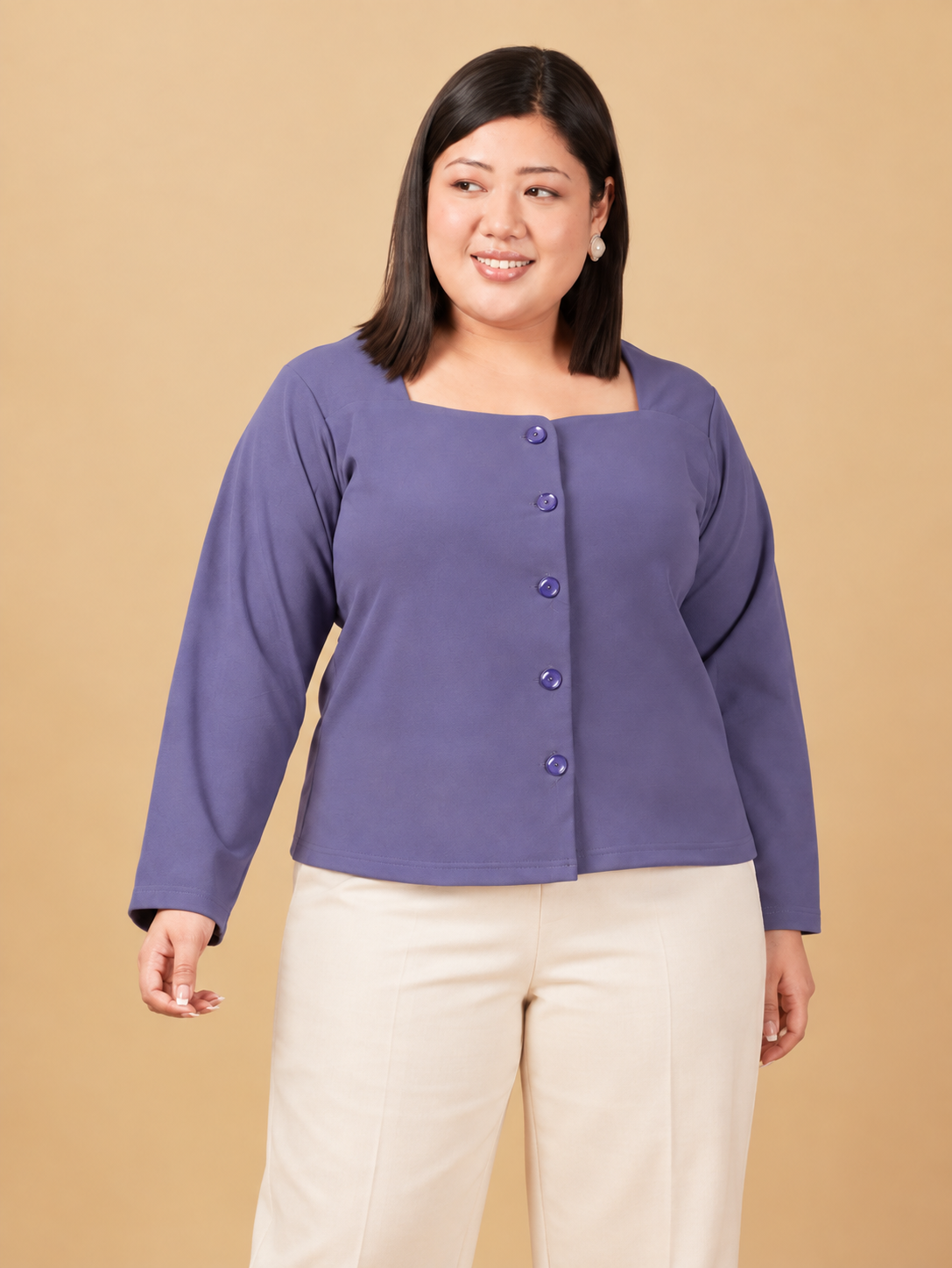 U&F Beyond Women Plus size Solid Purple Square Neck Button-Front Top