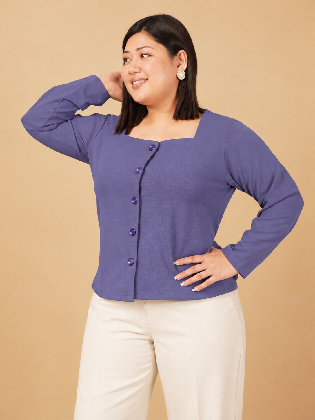U&F Beyond Women Plus size Solid Purple Square Neck Button-Front Top