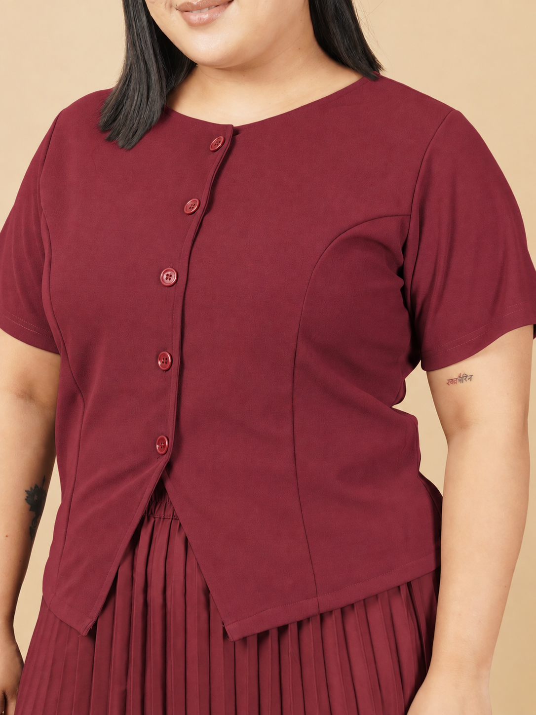 U&F Beyond Plus Size Maroon Sophisticated Pleated Co-ord Set