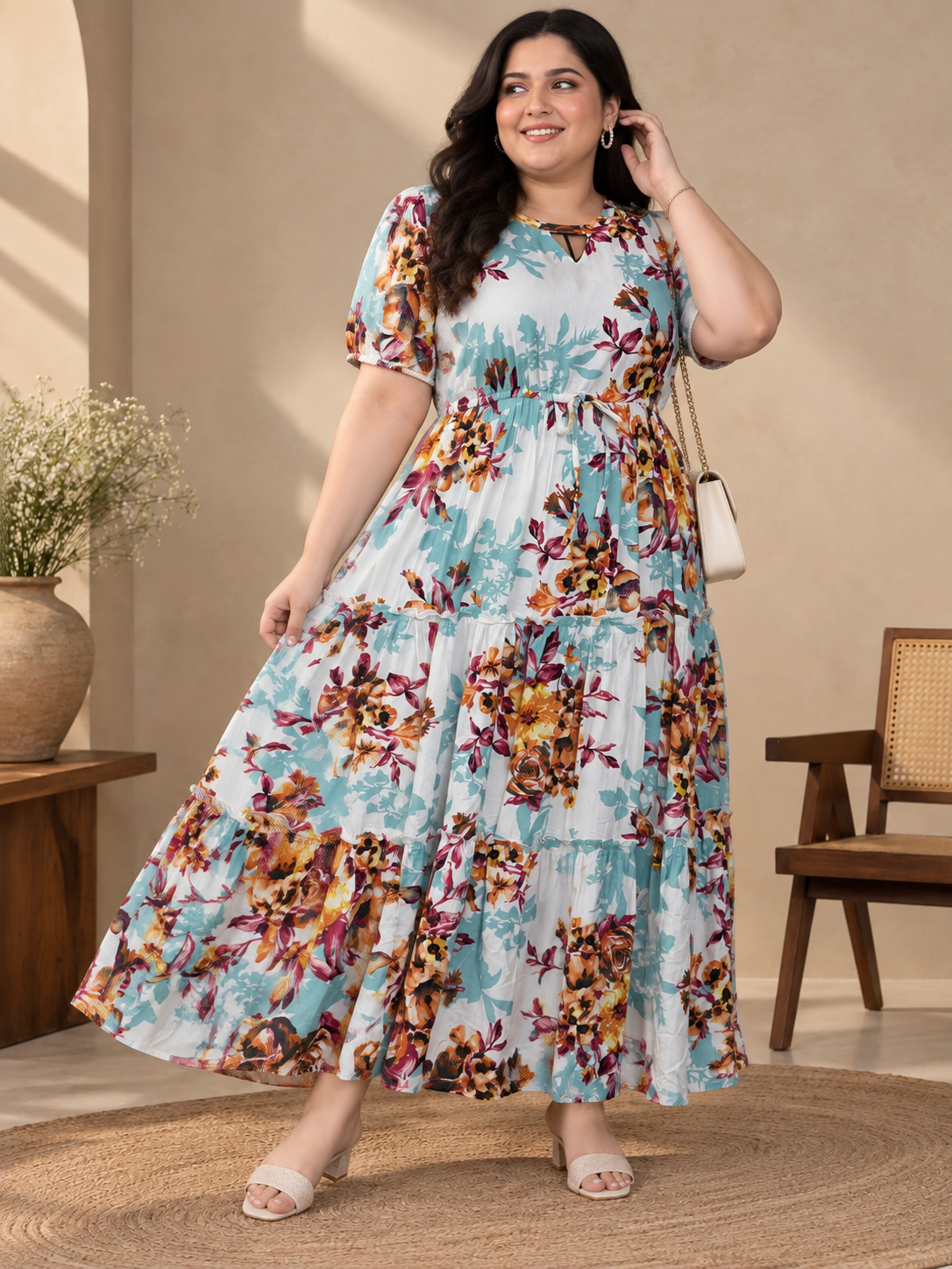 U&F Beyond Plus Size Women Light Blue Floral Printed Cotton Midi Dress